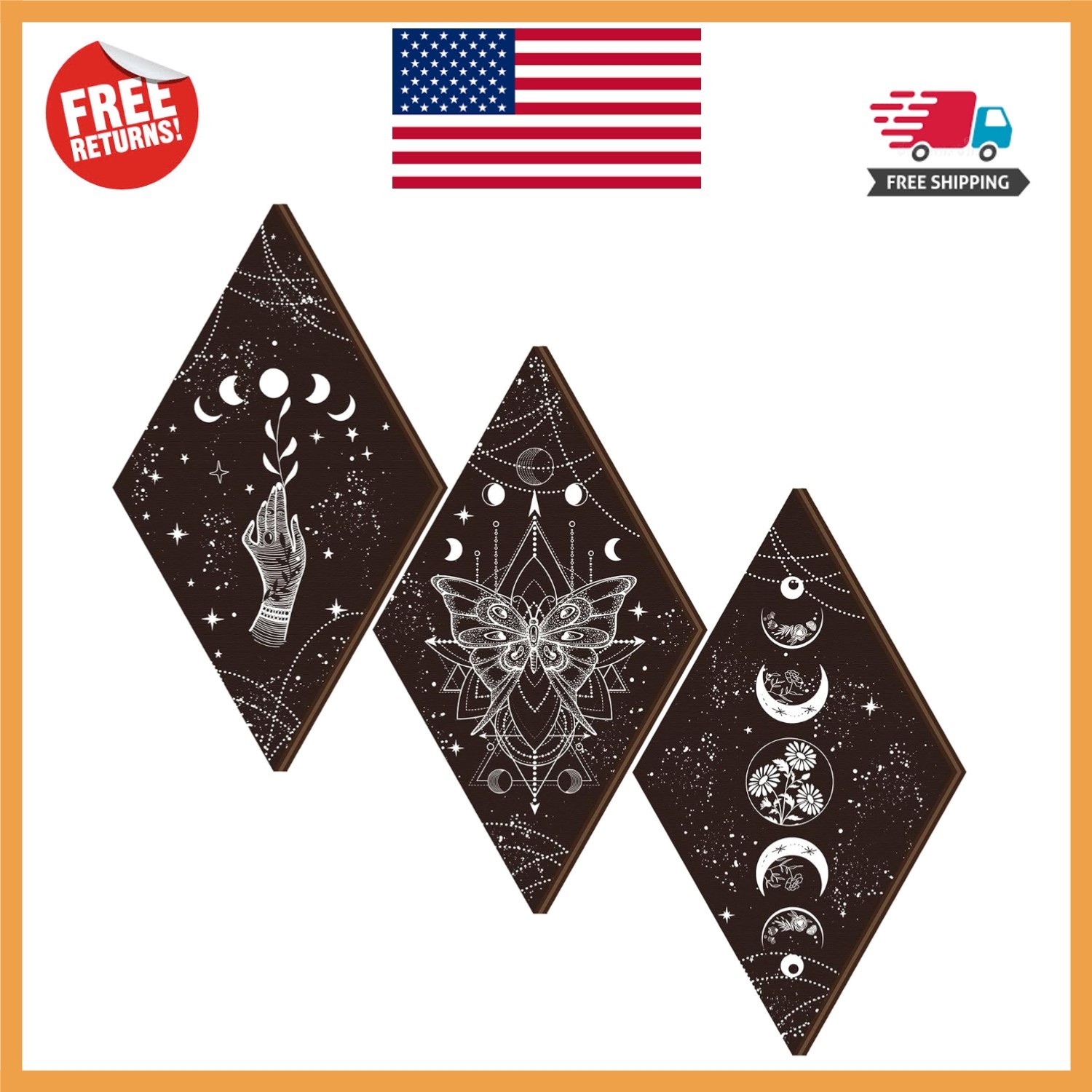 Unique Butterfly & Moon Phase Wall Decor – 3-Piece Rustic Art Set for Any Room