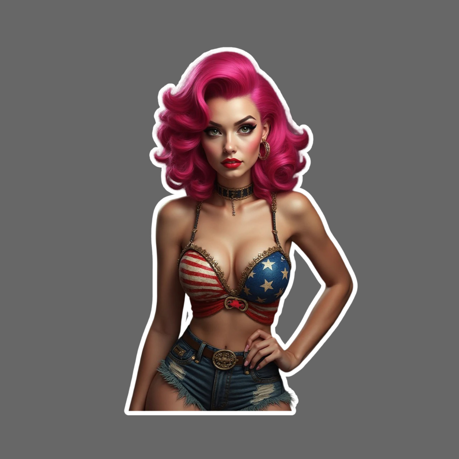 Pinup girl sticker vinyl decal pink hair flag bustier retro rockabilly cleavage