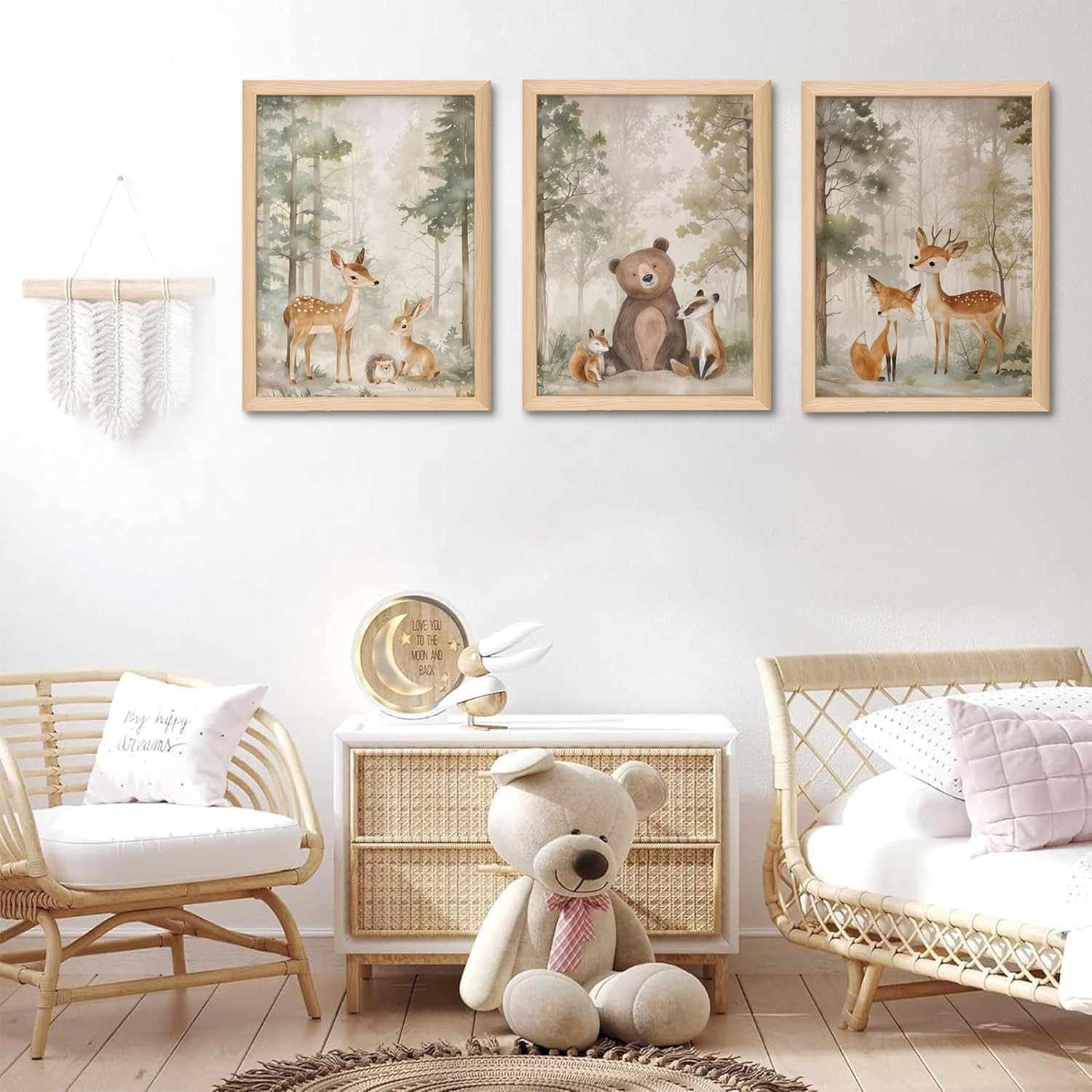Framed Woodland Wall Art Set of 3, Wild Animals Nursery Wall Decor, Cute Bear Fo