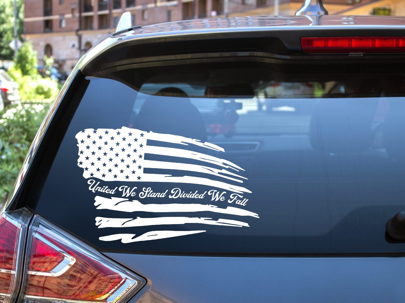 Distressed America Flag Vinyl Car Decal Sticker United We Stand Divided We Fall
