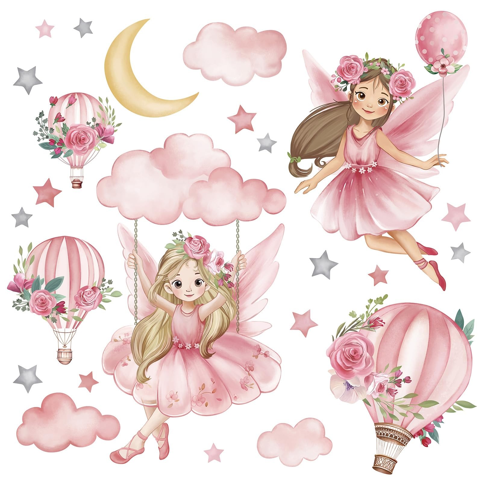Pink Fairy on Swing Wall Stickers Girl Hot Balloon Flowers Peel and Stick Wal…