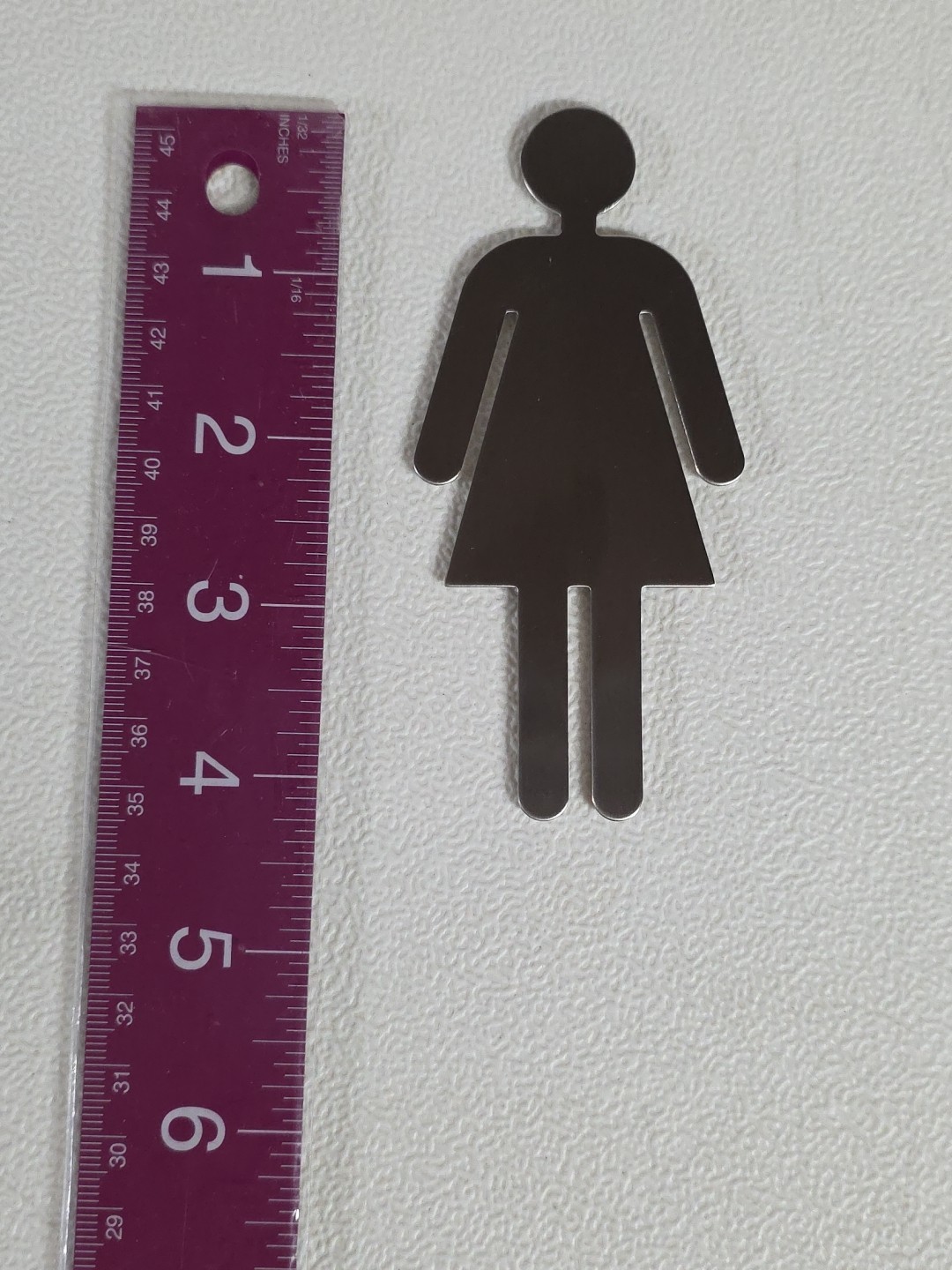 Female Restroom Sign Metal Stick On 2" x 4.25" Silver Tone Toilet Girls Bathroom