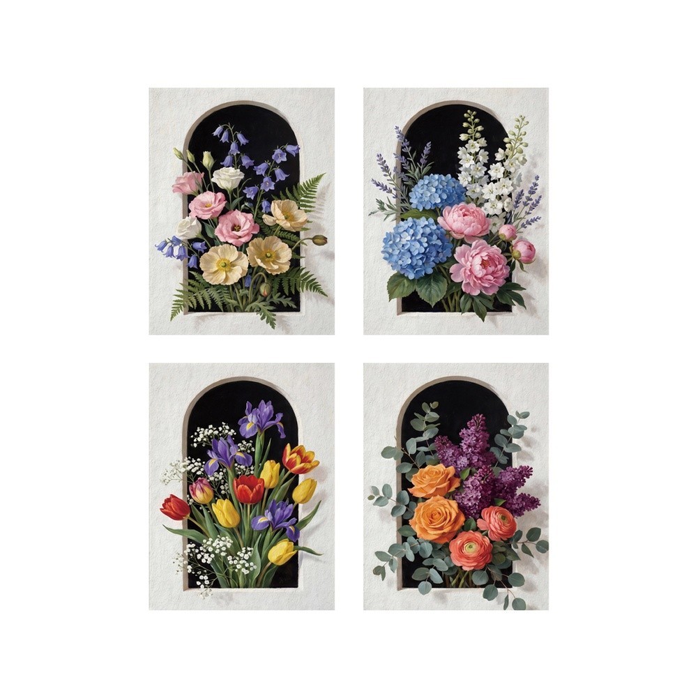 Arch Window Floral Wall Art 4 Pack Canvas Prints 11.81×15.74in Indoor Decor