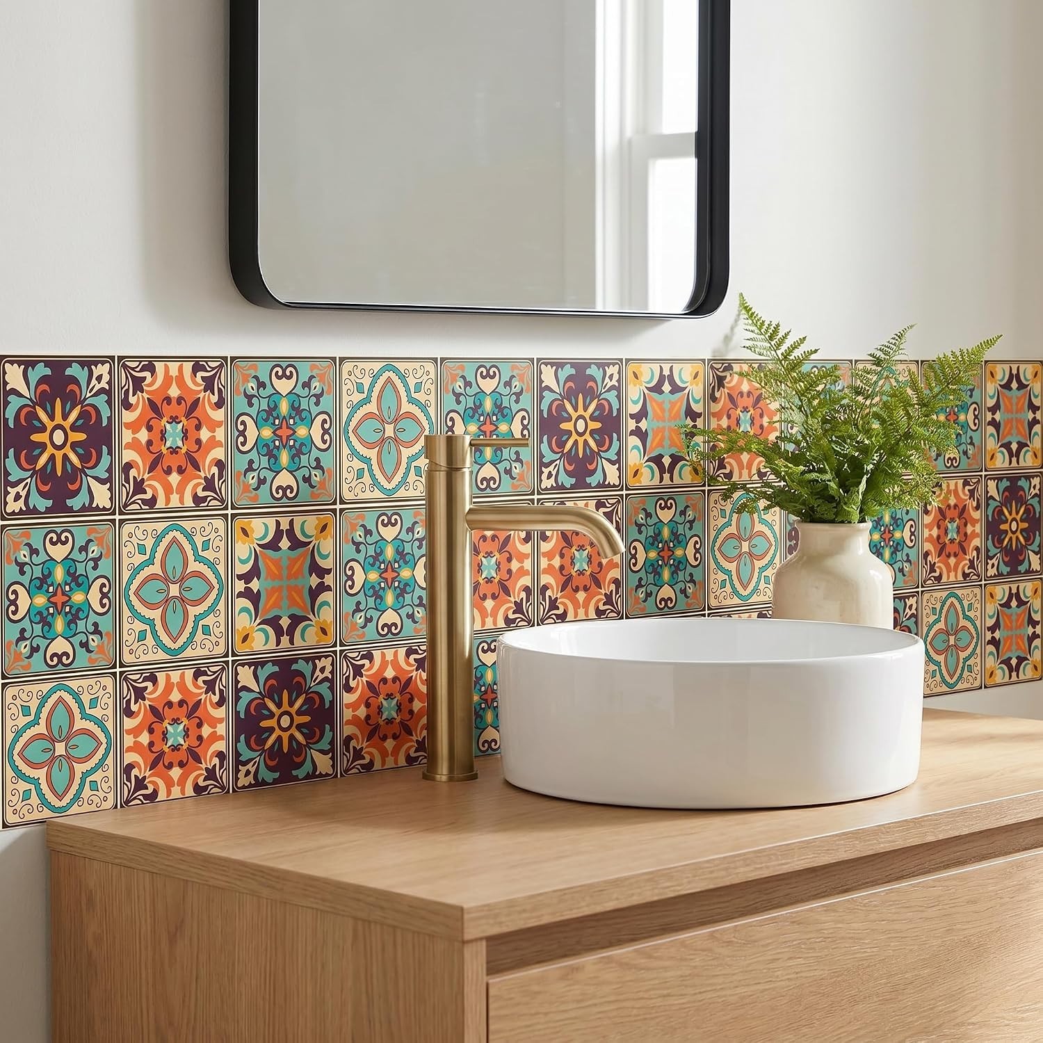 Vibrant Bohemian Tile Wall Stickers – 30-Pack Waterproof & Residue-Free, 4×4"