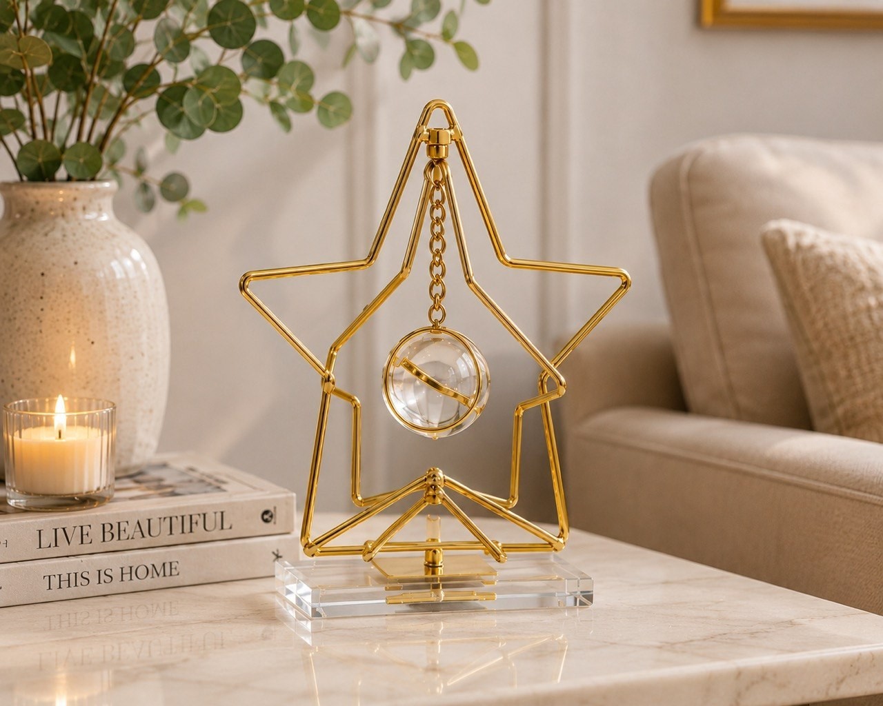 Modern Gold Star Decorative Sculpture w/ Hanging Crystal Look Orb Acrylic Base