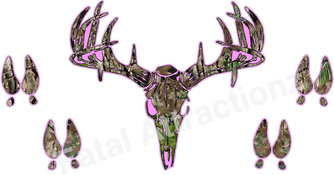 Pink Camo Deer Skull S4 w/Tracks Vinyl Decal sticker prints buck hunting bow
