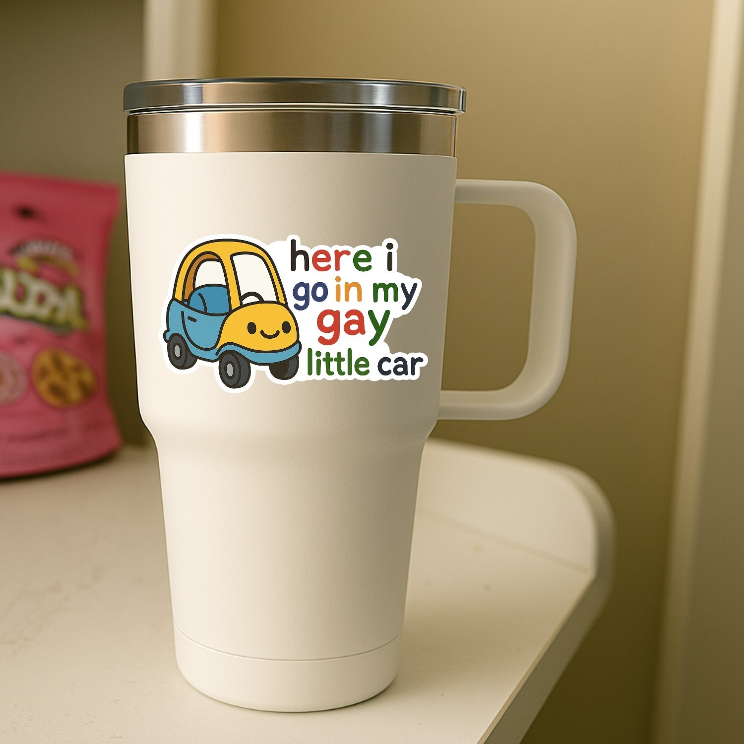 4PCS “Here I Go in My Gay Little Car” Stickers – Funny LGBTQ+ Meme Vinyl Decal