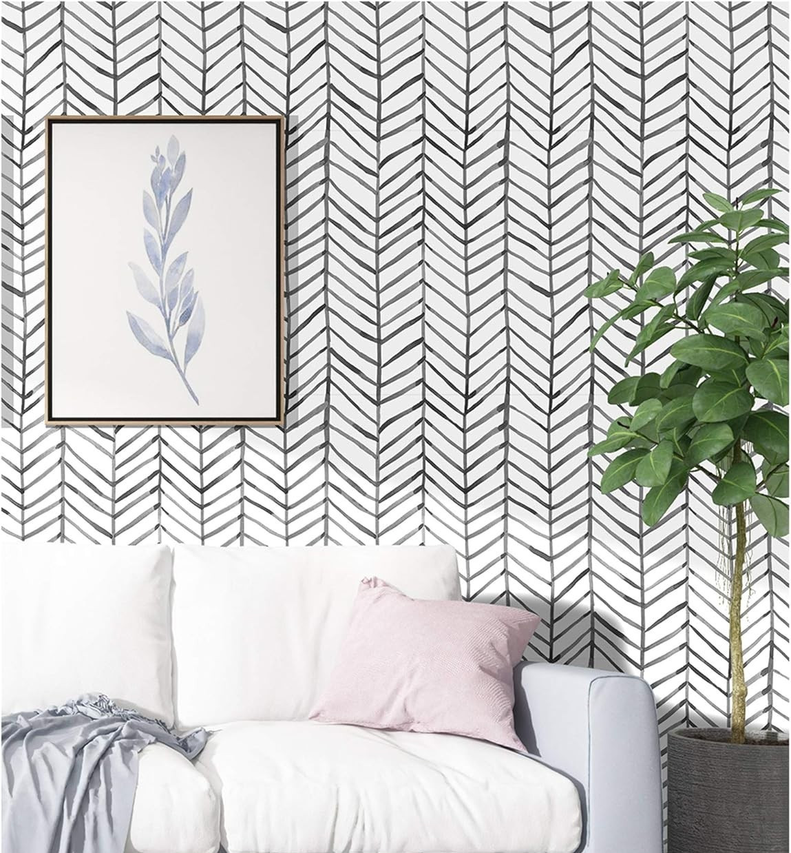 Peel Stick Accent Wallpaper Herringbone Black White Vinyl Removable Modern Chic