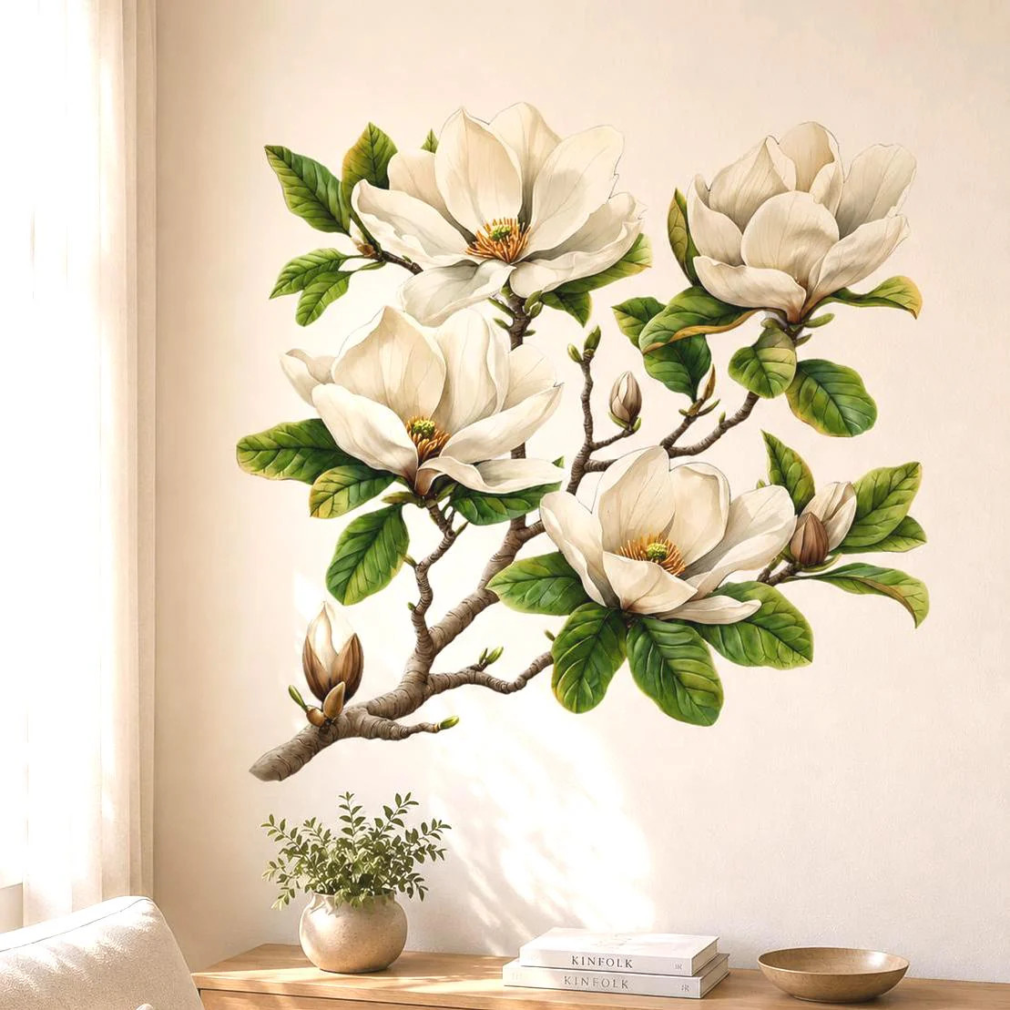 White Magnolia Branch Wall Vinyl Decal | Watercolor Floral Sticker