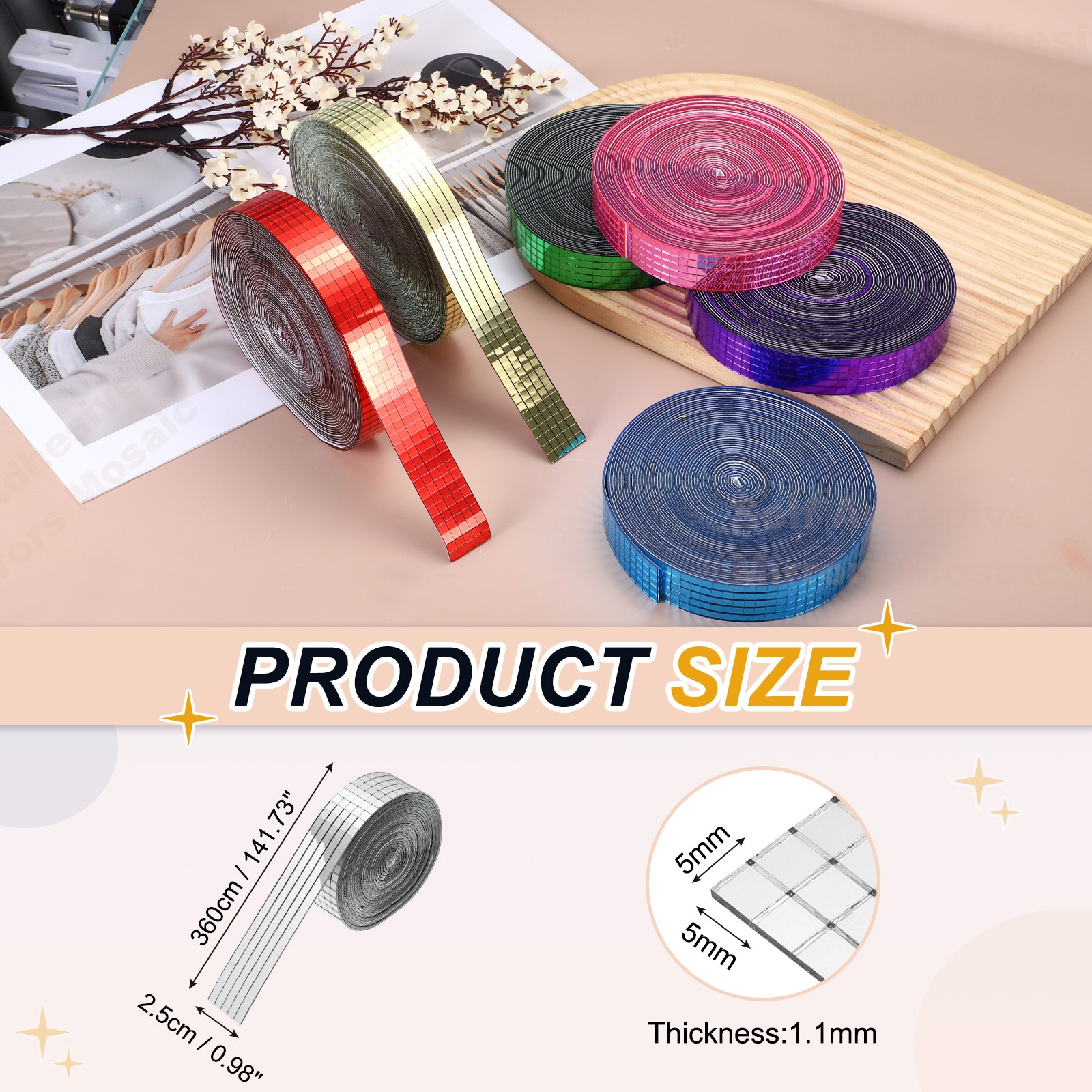 5x5mm Self Adhesive Mirrors Mosaic Tiles, 3600 Pcs Mosaic Sticker, Silver Tone