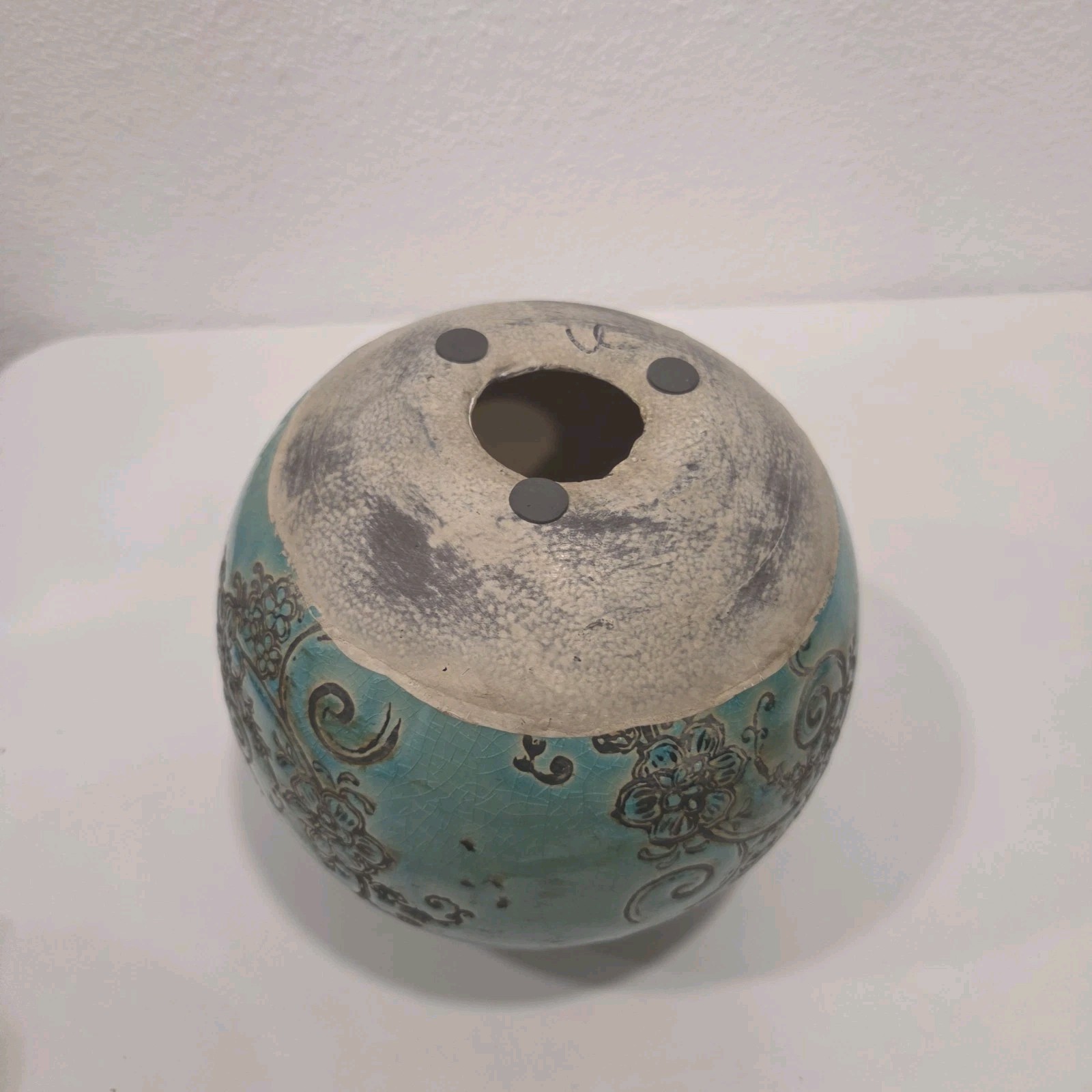 Vintage Turquoise Crackle Glaze Ceramic Decorative Orb Sphere 7” Floral Scroll