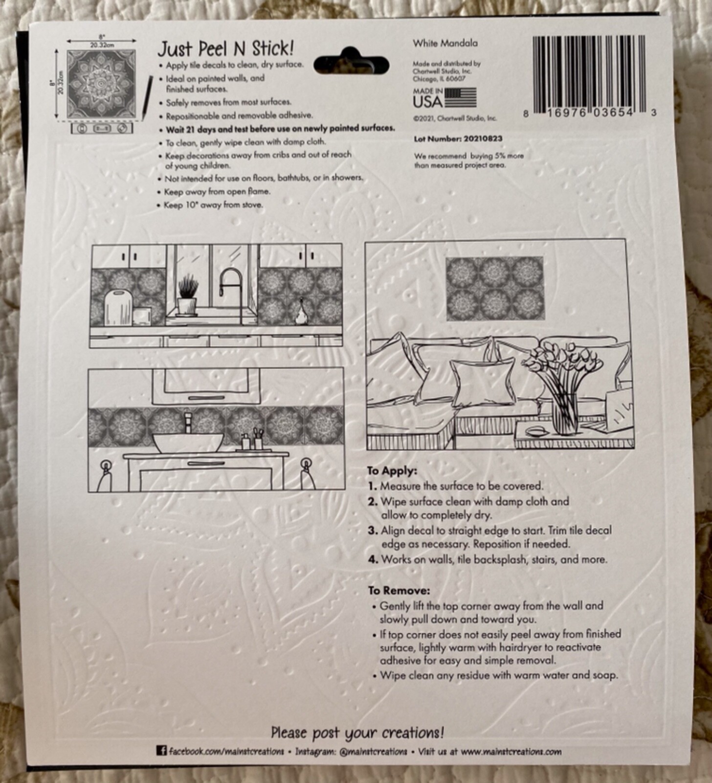 Lot of 4 ~ Main Street Wall Creations Peel Stick Removable 8×8 Wall Tile Decals