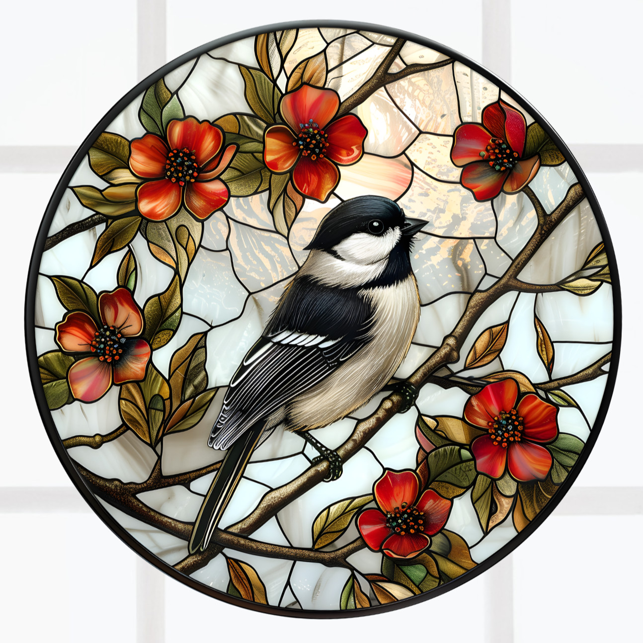 Chickadee Bird on Branch WINDOW CLING Size 8" Round Repositionable Vinyl