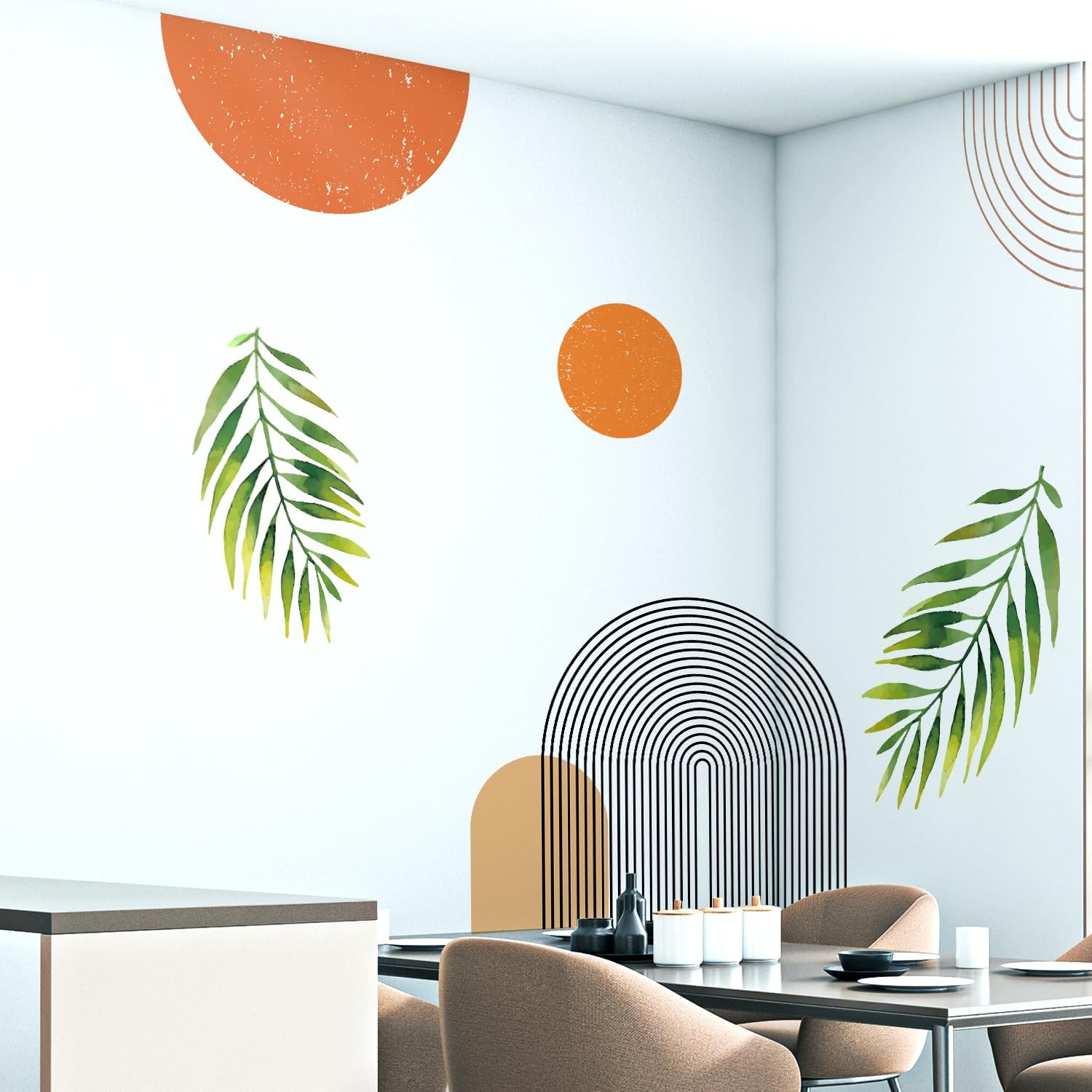 Boho Mid-Century Modern Wall Decals Peel and Stick, Large Archs Sun Vinyl Wal…