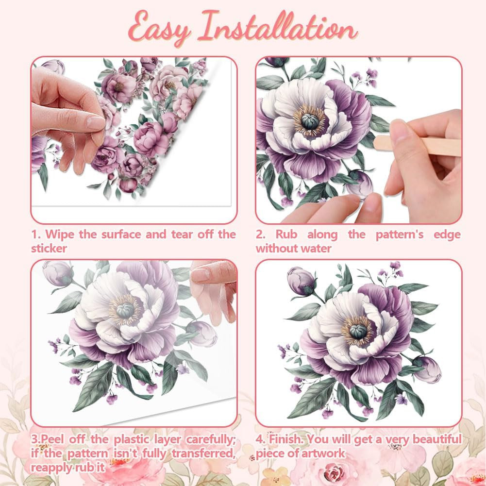 Rub on Transfer Sticker for Furniture Crafts Decor 6"X12" Pink and Purple Flower