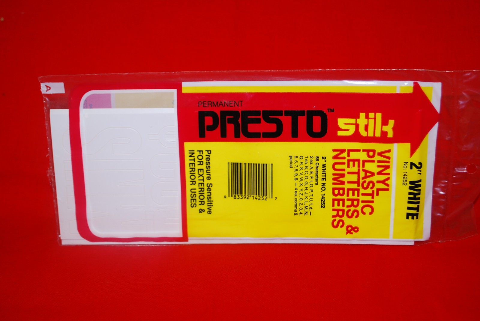 Presto Stik Vinyl Plastic Letters & Numbers 2" White Permanent #14252 S6478