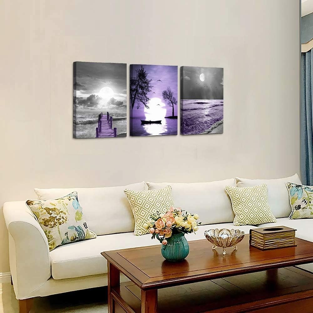 Elegant 3-Piece Framed Canvas Art Set – Modern Landscape in Purple Hues
