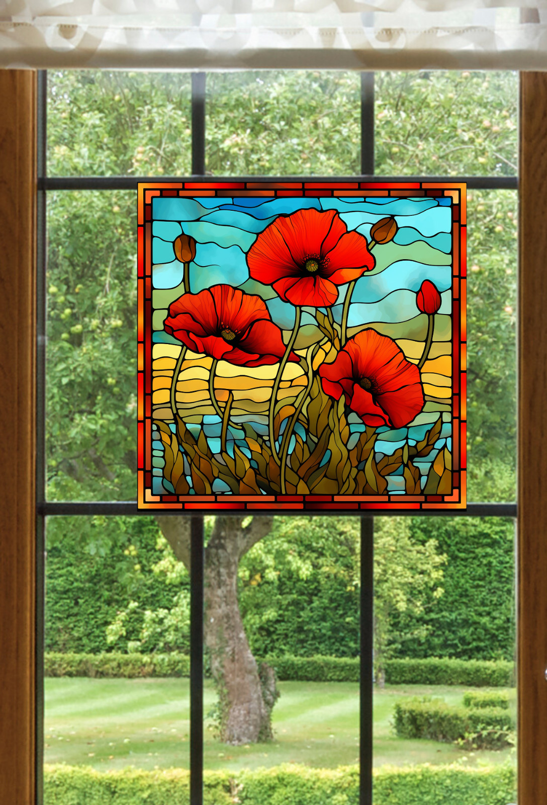 Poppy Faux Stained-Glass WINDOW CLING Size 10.6" Arch Shape ~ Vinyl