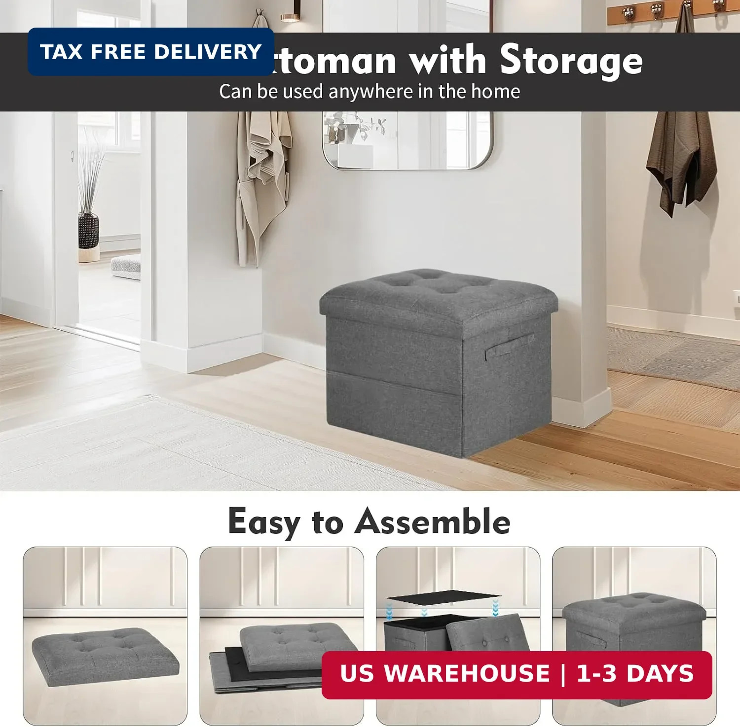 Storage Ottoman. Foot Rest Stool with Thicker Foam Padded Seat. Linen Footstool