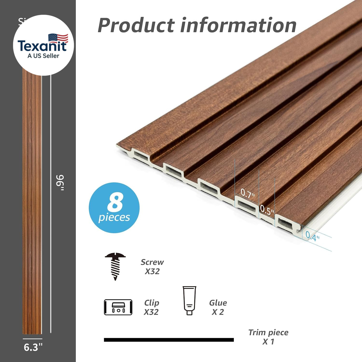 WPC Slat Wall Panels 8 Pack Teak 3D Soundproof Wood Wall Paneling 96×6 Inch