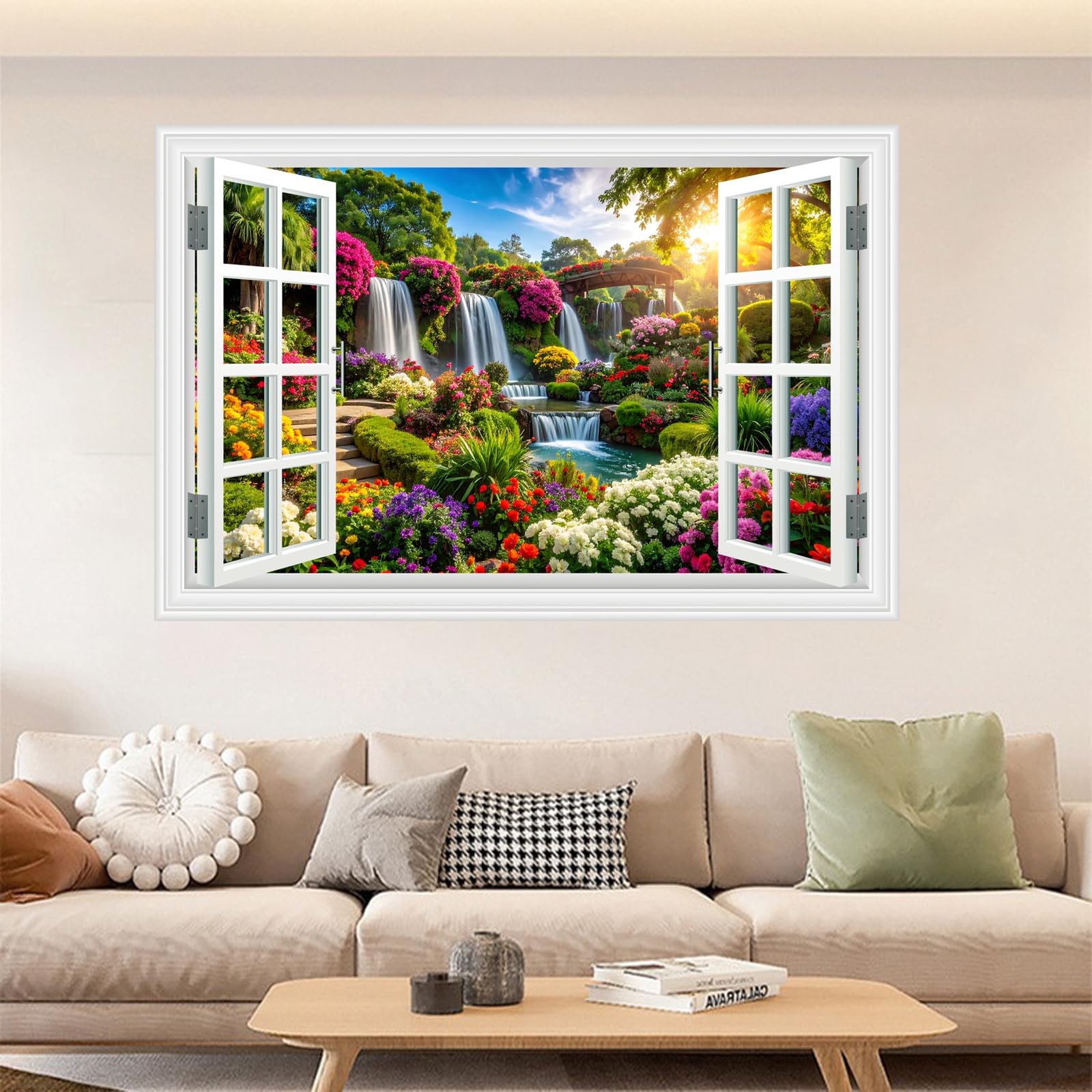Fake Window Wall Sticker Decals- Morning Garden Flowers Waterfall Natural Sce…