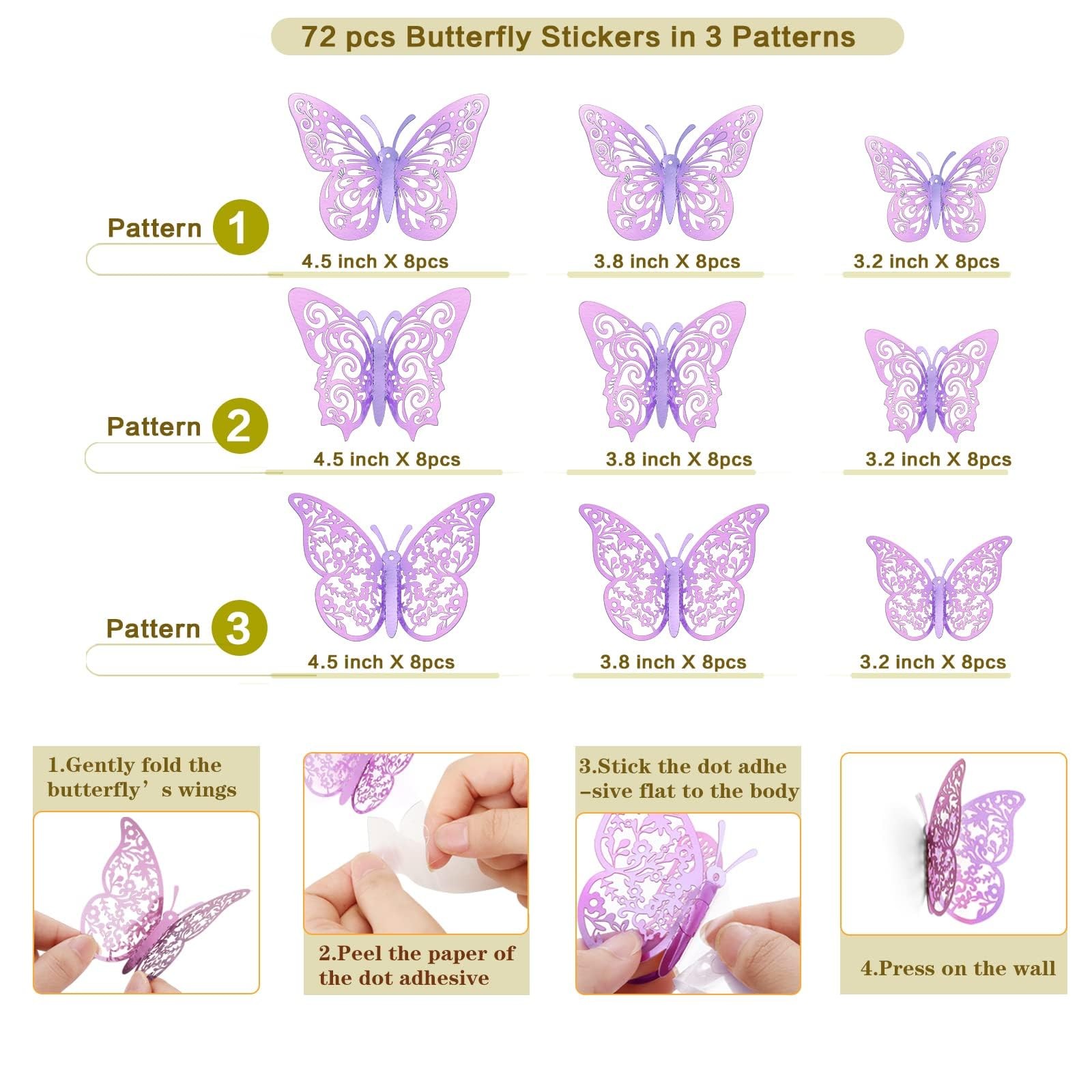 72 Pcs Butterfly Decorations, 3 Sizes 3 Styles, Wall Decor, Lavender Purple