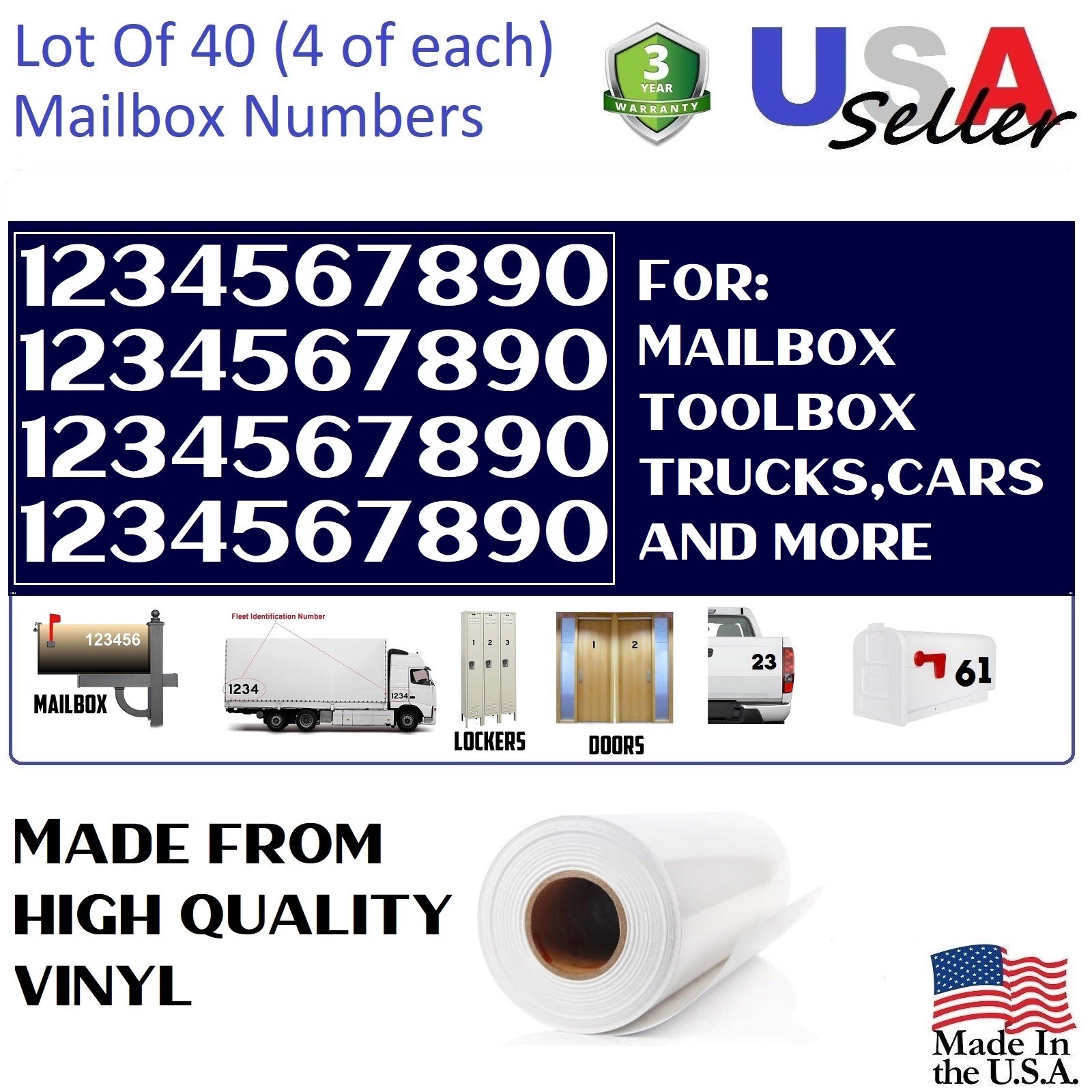 Lot of 40 White,Black, Silver Vinyl Mailbox,Tool Box,Locker Numbers Haarlem BOLD