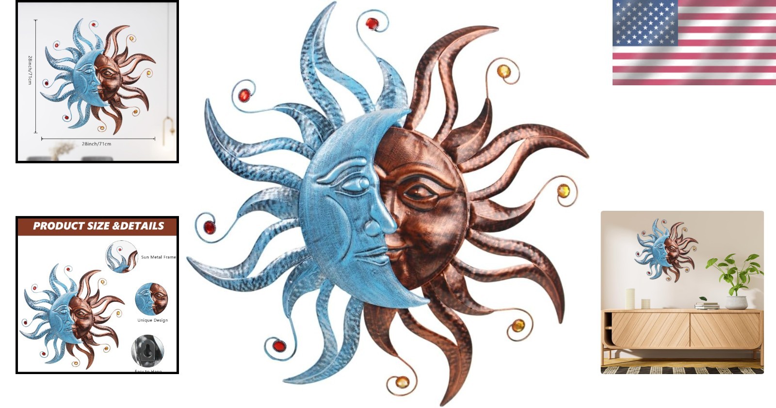 Sun and Moon Metal Wall Decor, 28" Large – Indoor Outdoor