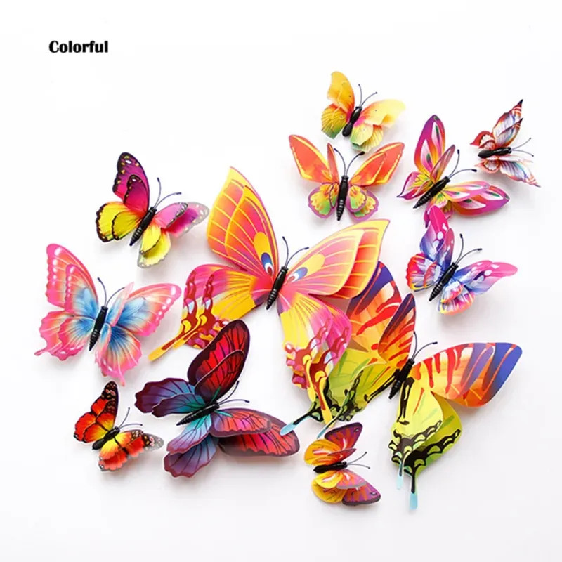 12Pcs Mixed Color Double Layer Butterfly 3D Wall Sticker For Wedding Decoration