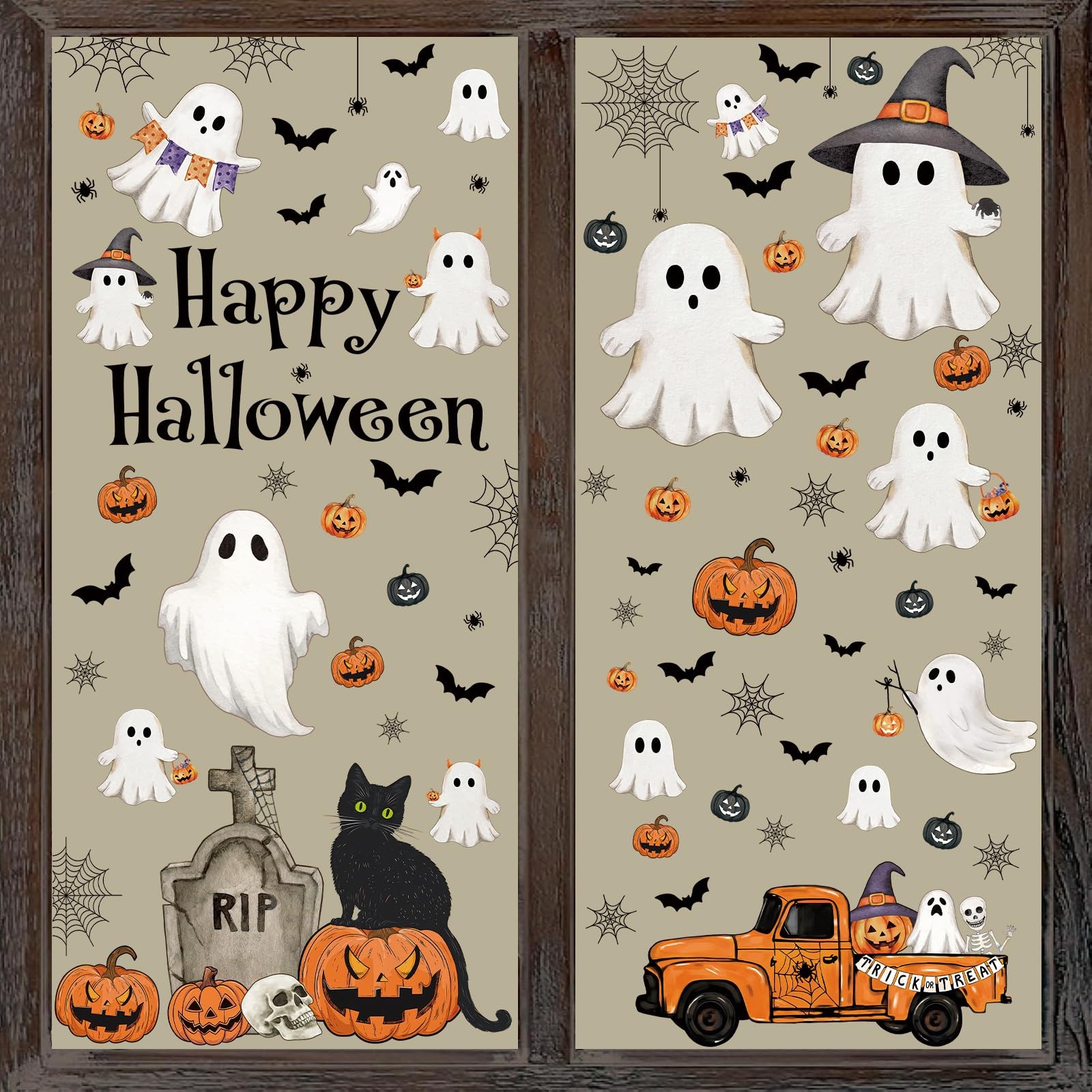 Vintage Halloween Window Clings 6 Sheets, Large Retro Size, Multicolor