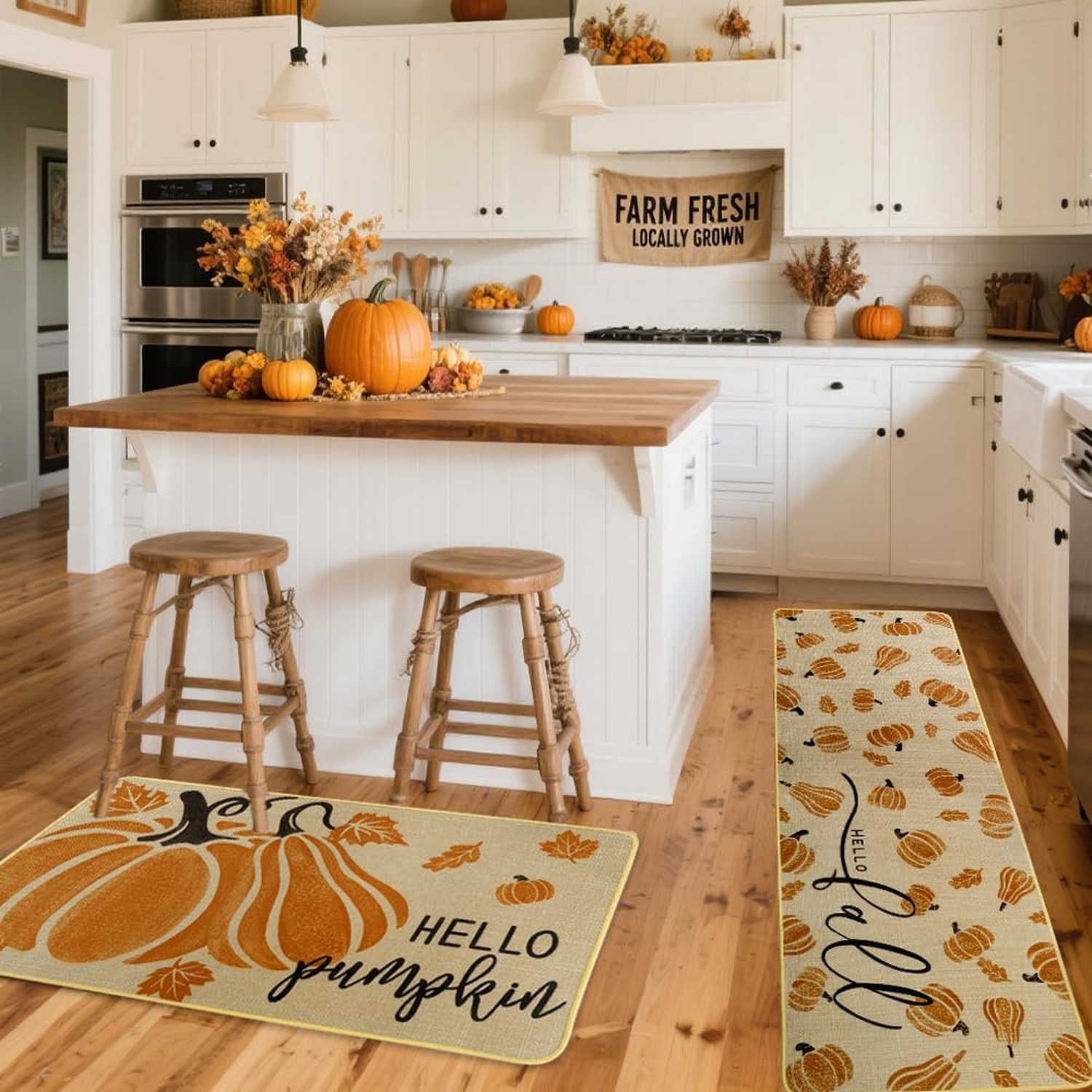 Hello Pumpkin Autumn Kitchen Rugs Set of 2,Hello Fall Leaves Low-Profile Holi…