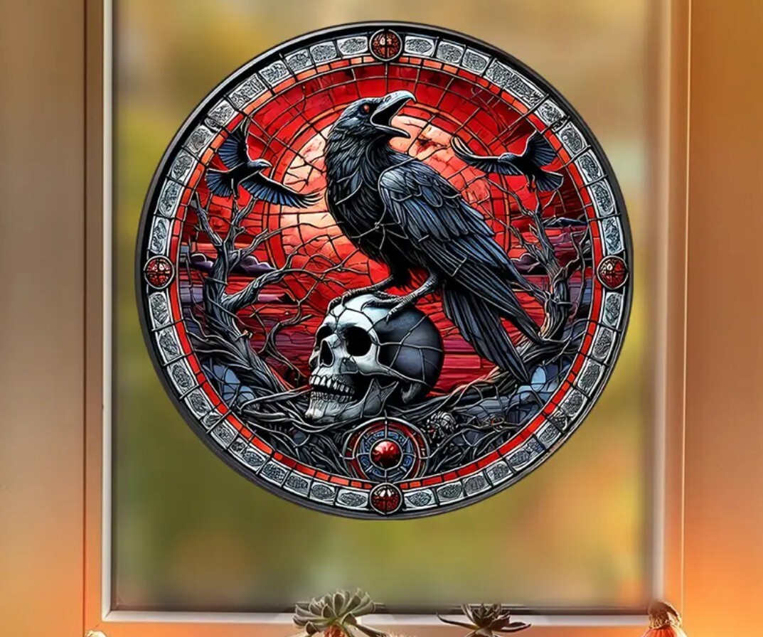 Halloween Gothic Decor – 9" Crow & Skull Window Cling, Static-Free PET Glass…