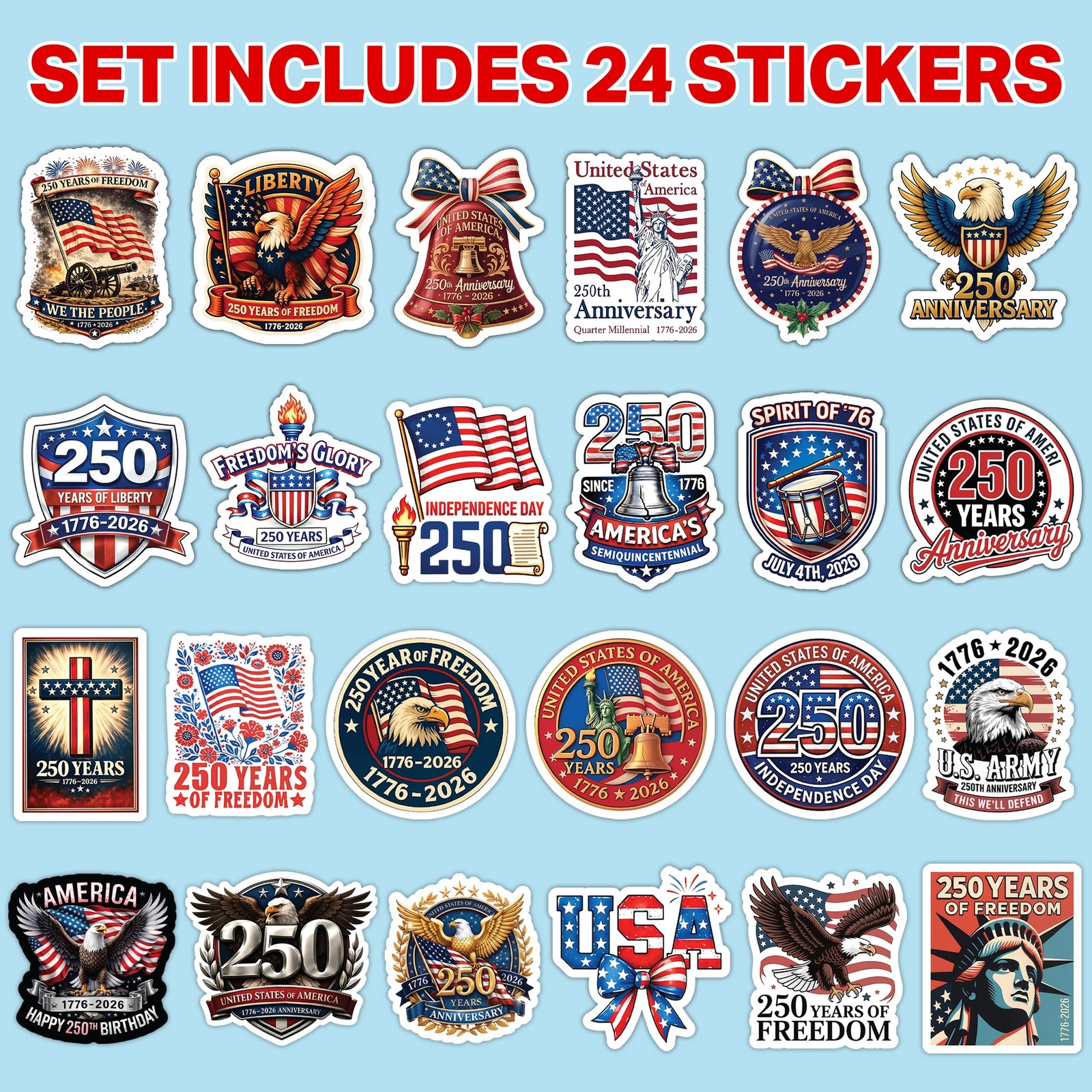 America 250th Anniversary Stickers (24 PCS), 250th Anniversary USA Stickers 1776