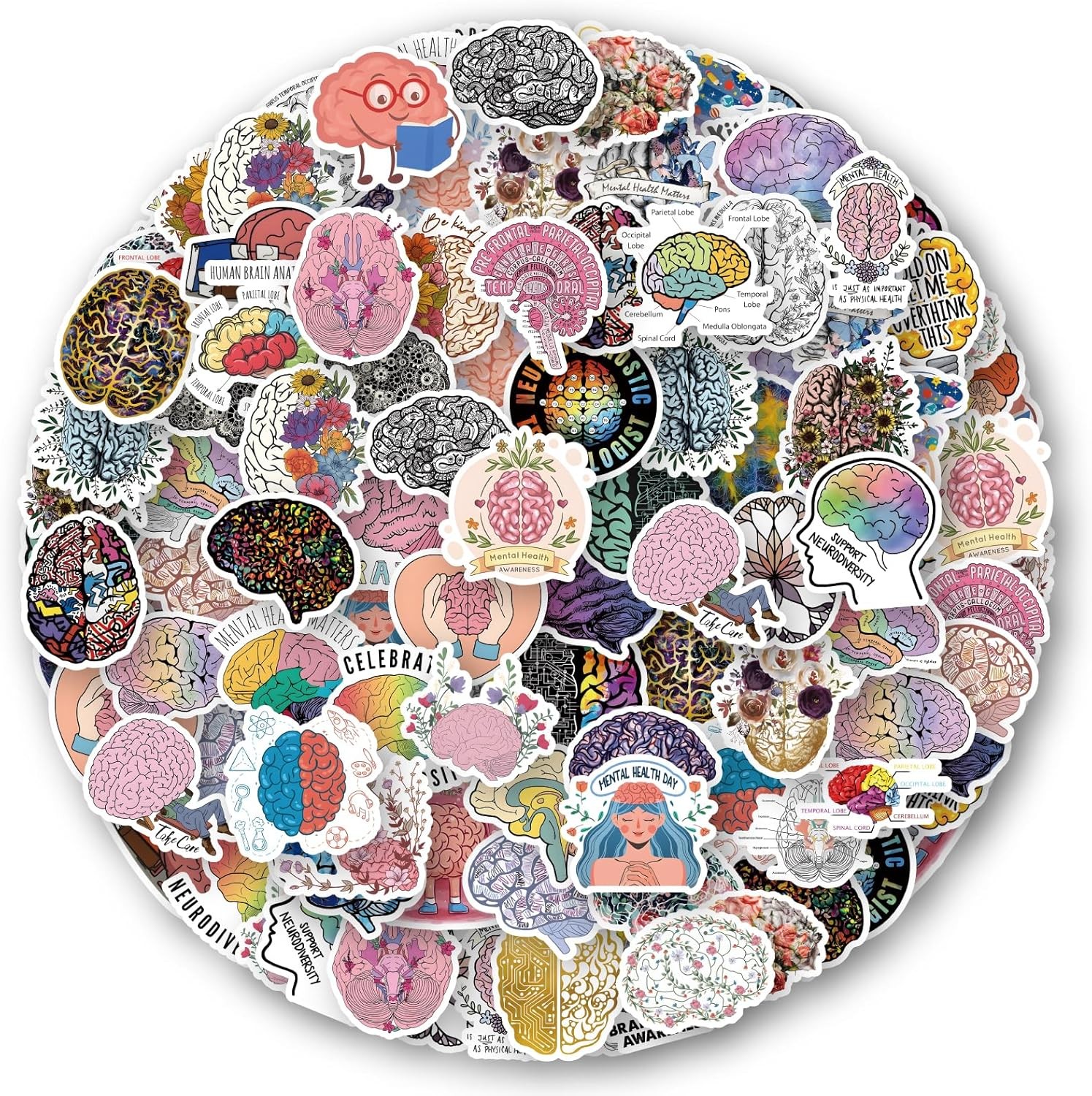 50 Pcs Brain Stickers Pack | Colorful Vinyl