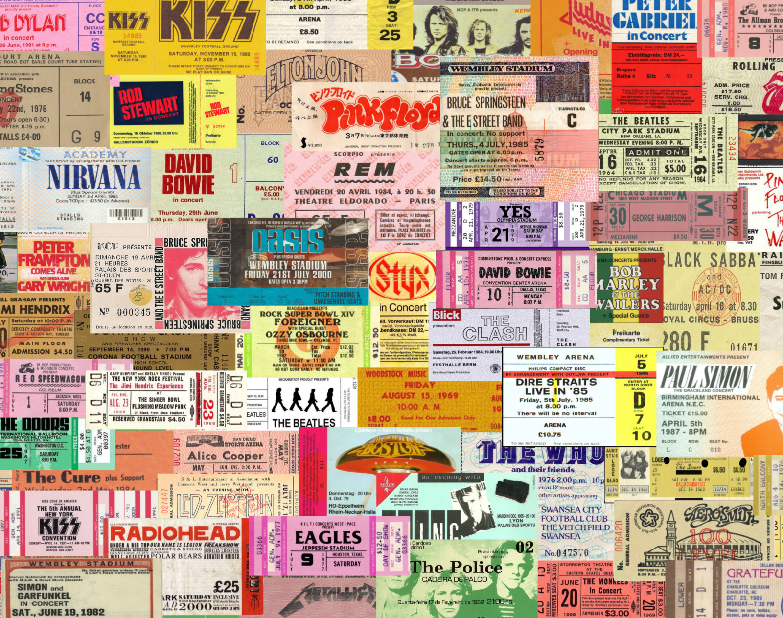 25/50 Rock Tickets Sticker Pack – Waterproof Vinyl – Beatles Springsteen Doors