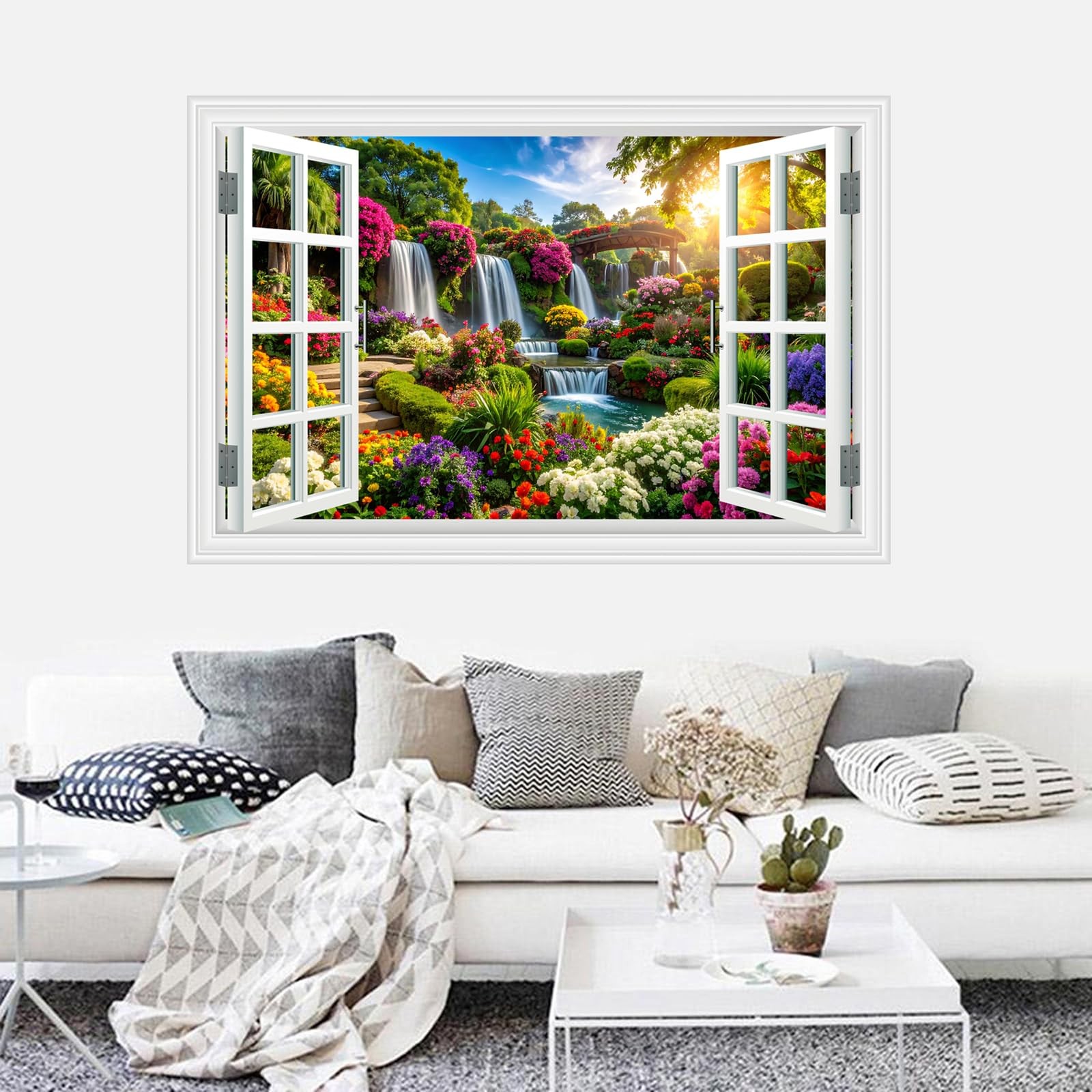 Fake Window Wall Sticker Decals- Morning Garden Flowers Waterfall Natural Sce…