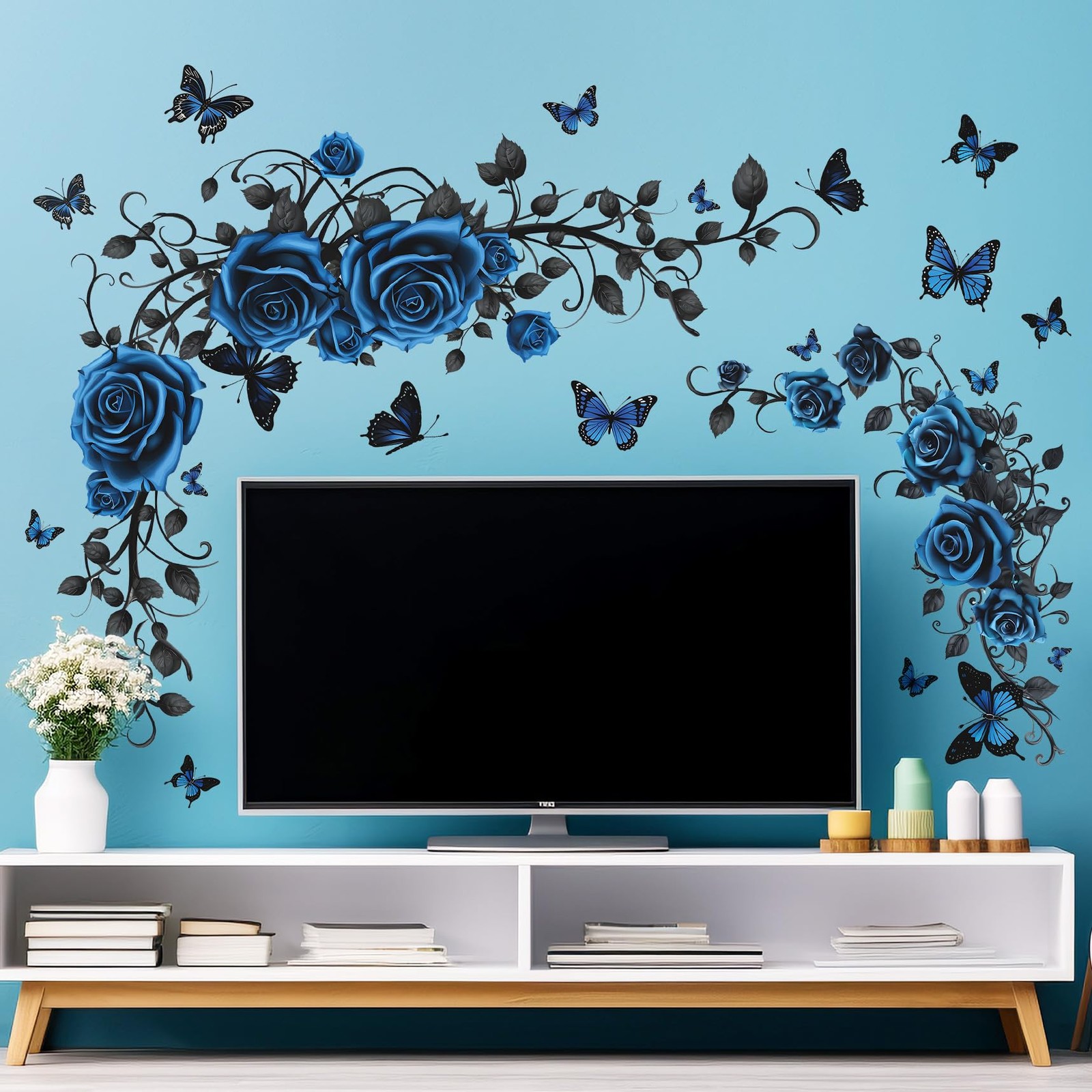 Removable Blue Floral Rose Wall Decor 3D Peel and Stick Flower Vine Black Pla…