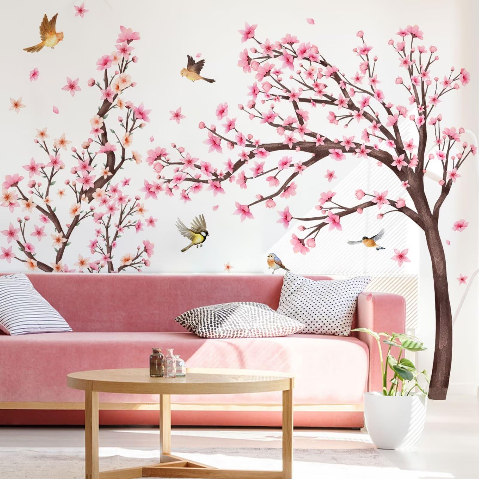Large Cherry Blossom Tree Floral Wall Stickers Pink Flower Tree Branch Birds …