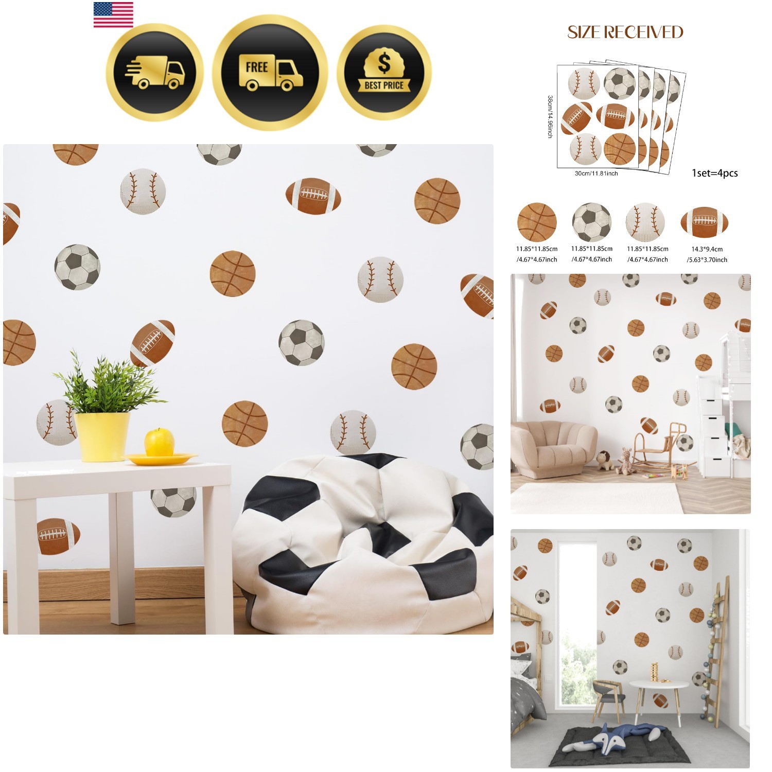 Sports Balls Wall Decal Football Basketball Soccer Rugby Baseball Kids Room D…