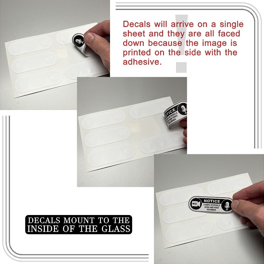 Camera in Car Recording Video 6-Pack INSIDE MOUNT Decals White Black 3.0" x 1.0"