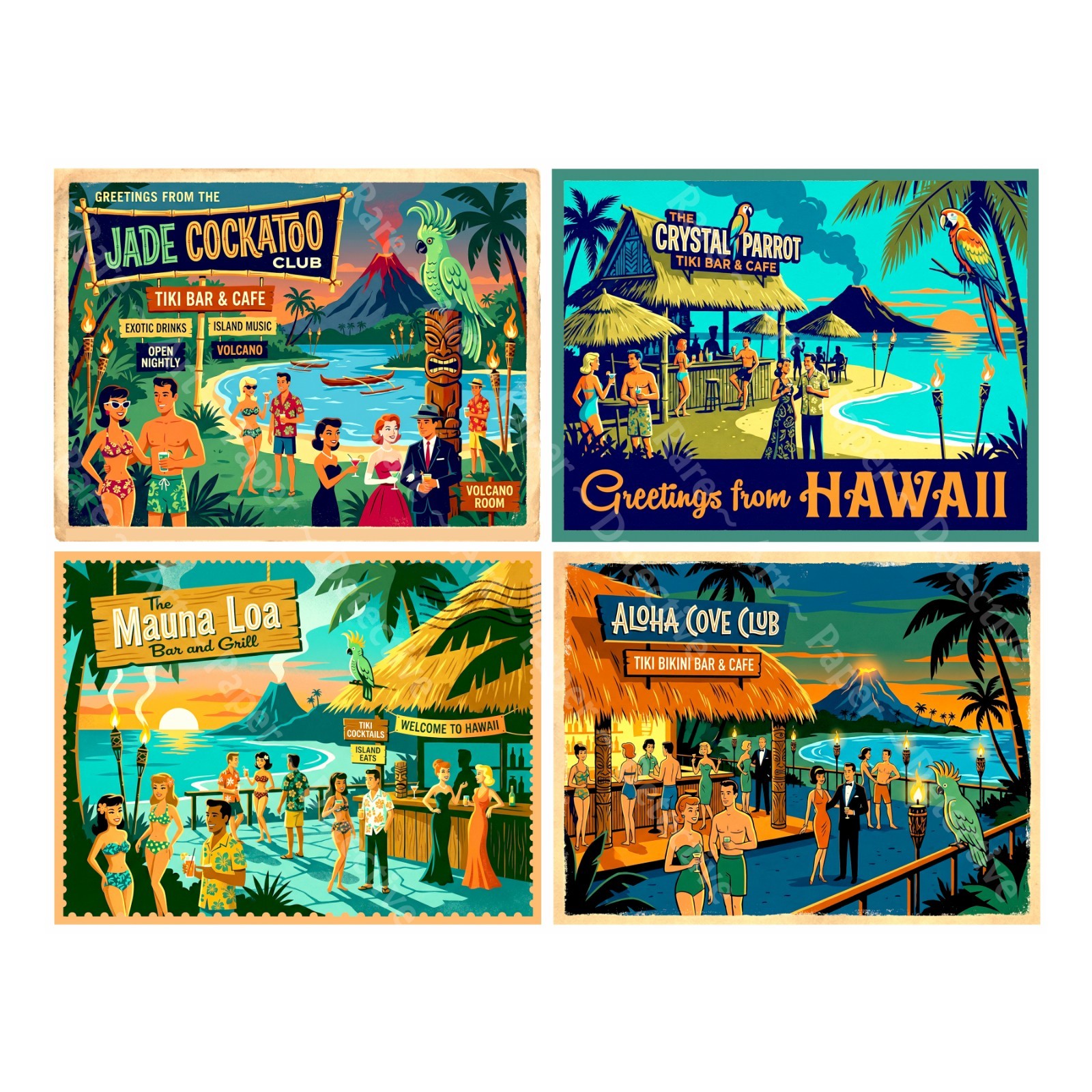 Hawaii Tropical Tiki Bar Stickers, Mid-Century Modern, 4 Labels on 1 Sheet, 1535