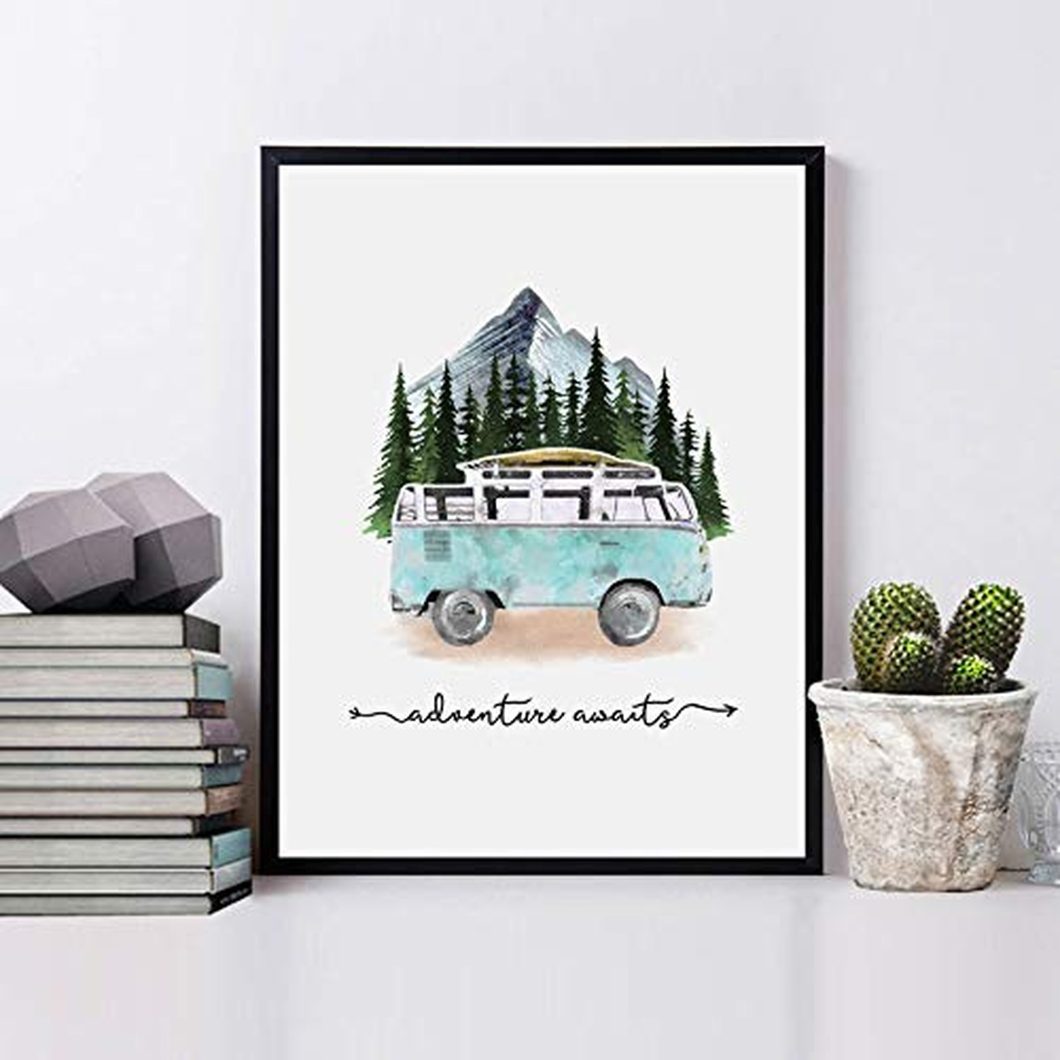 Adventure Awaits Art Print Travel Poster Mountain Wall Decor Blue Tour Bus Pa…