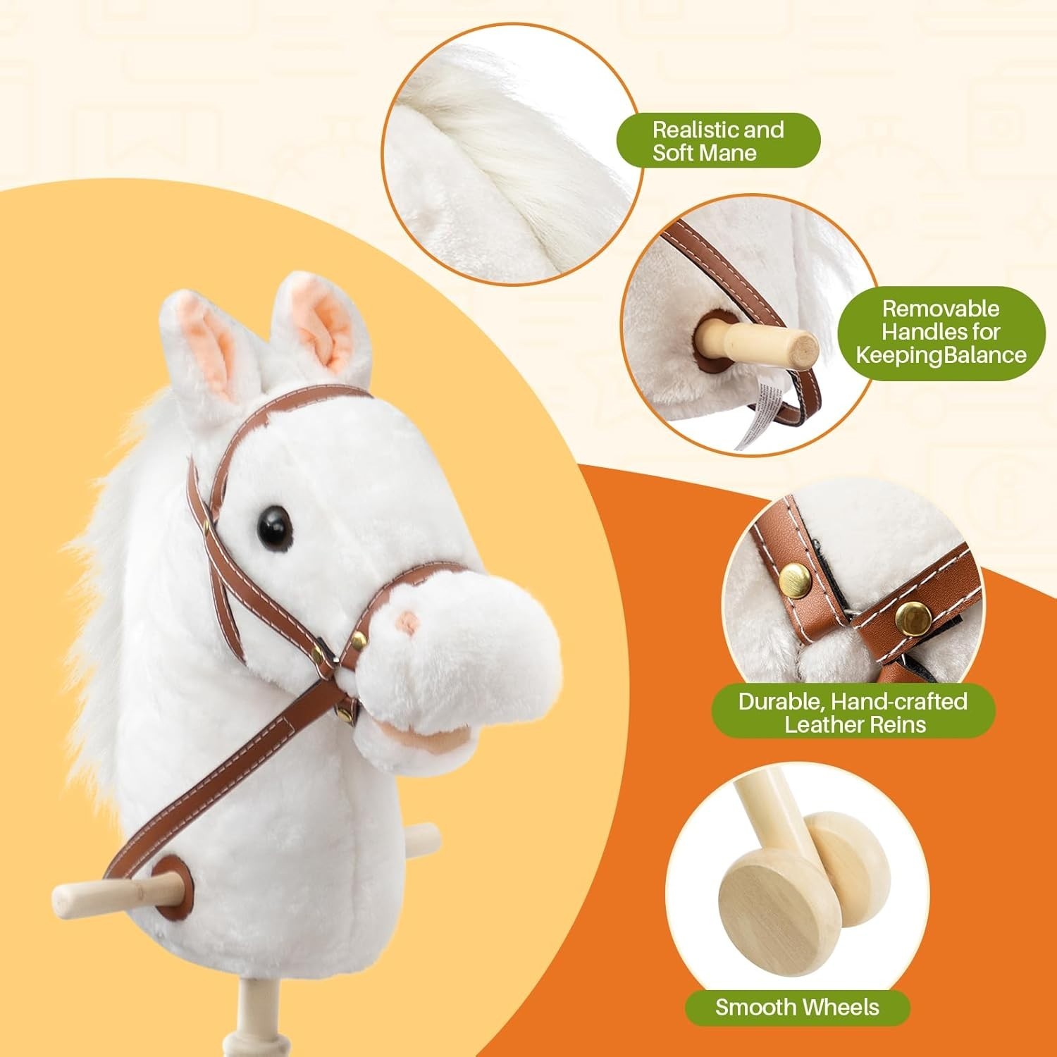 Stick Horse Plush Handcrafted Hobby Horse on a Stick with Wood Wheels Real Pony