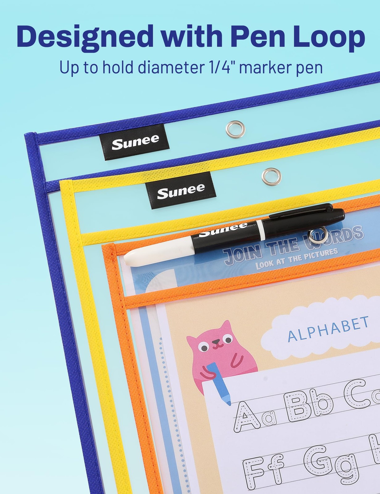 SUNEE 6 Packs Oversized Reusable Dry Erase Pocket Sleeves with Binder Ring, 6 As