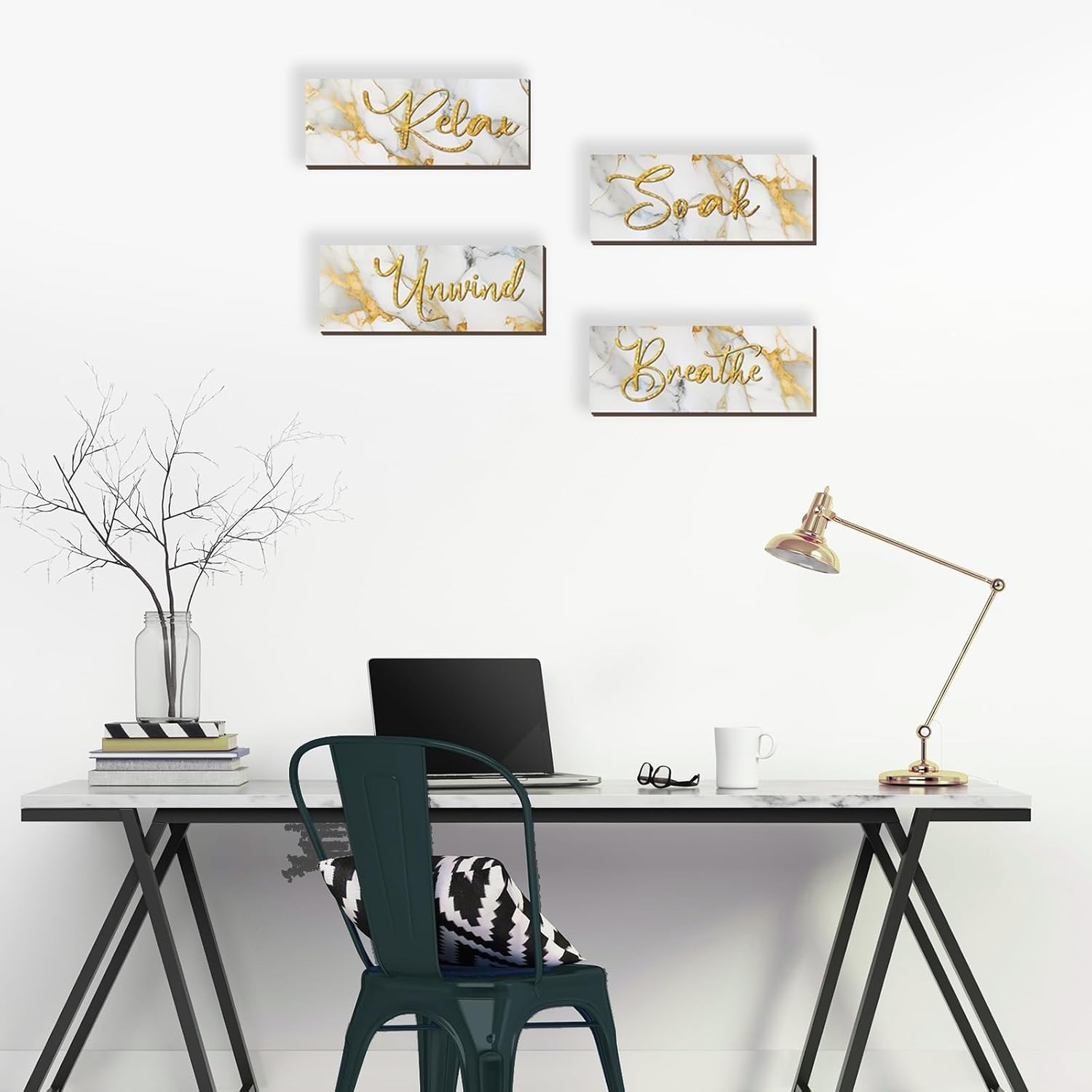 Versatile Wooden Wall Art Set in White Gold – Ideal for Bathroom & Living Spaces