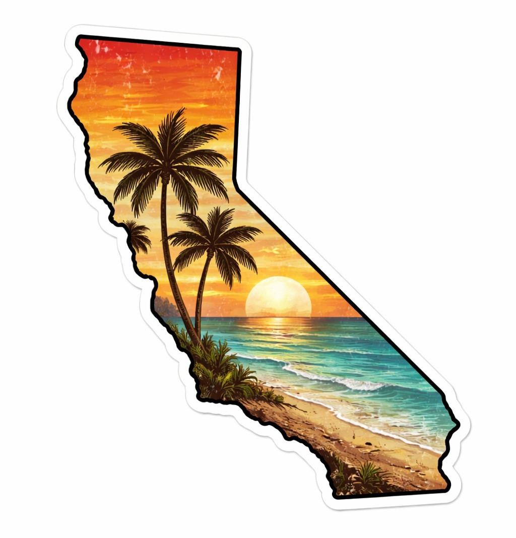 California | State Outline Vinyl Decal | Beach Surf Sticker Palm Tree Sunset 02