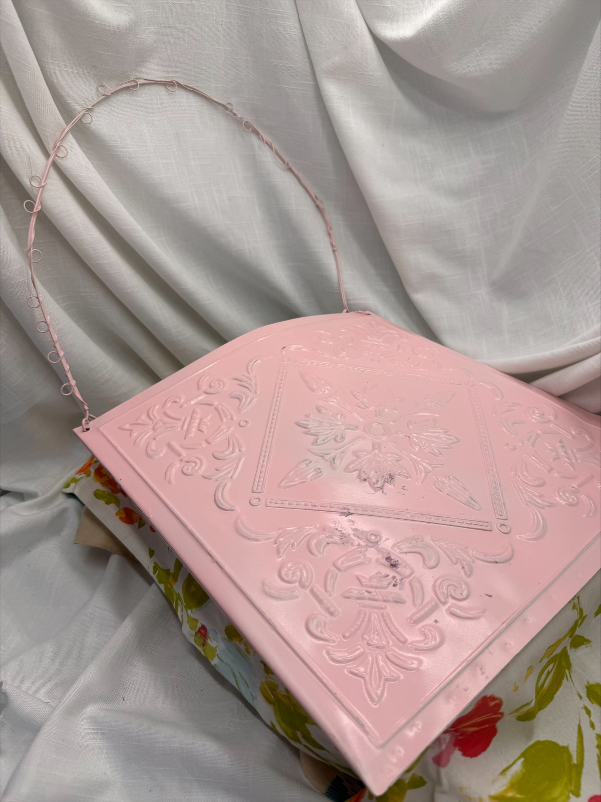 Pink Metal Embossed Floral Tin Tile Wall Pocket Hanging Planter 15" Shabby Chic