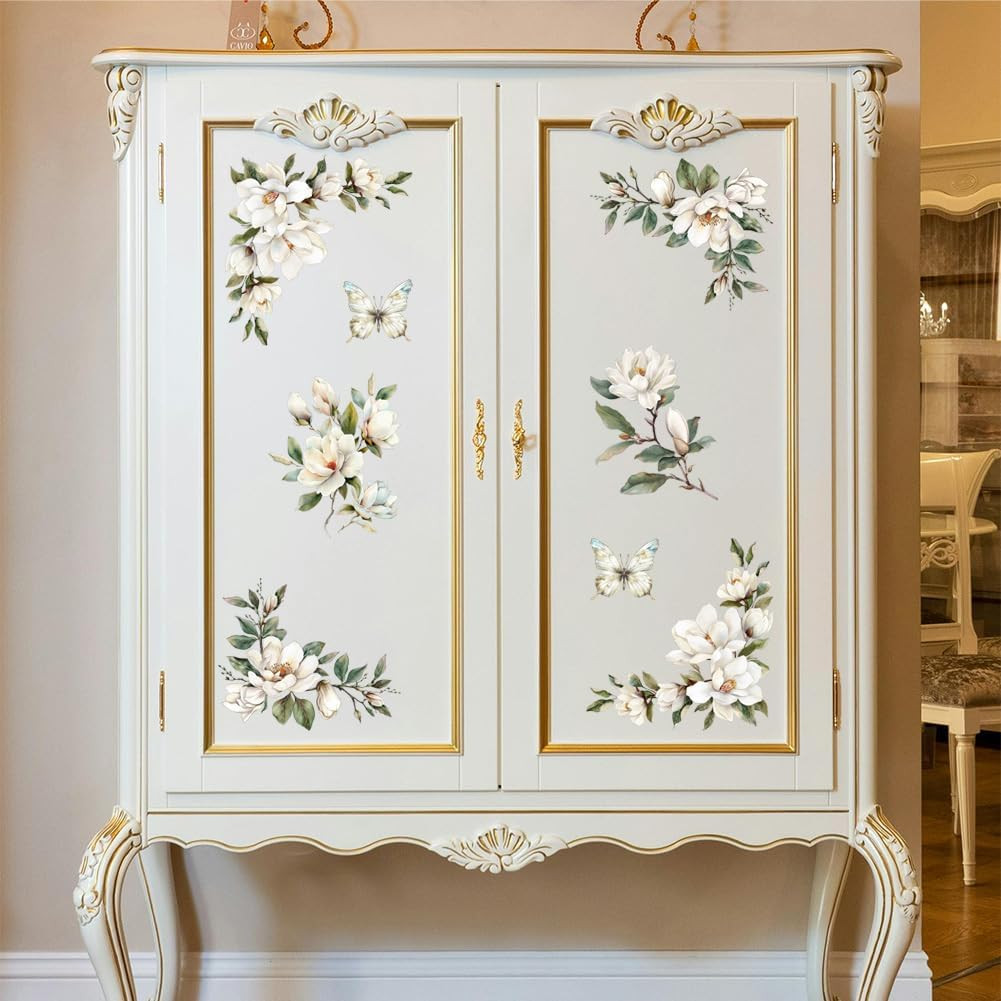 Rub on Transfer Sticker for Furniture Crafts Decor 6"X12" White Magnolia Corner,