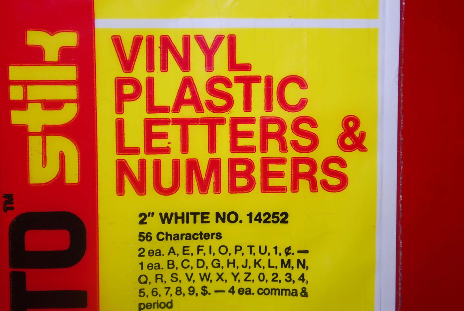Presto Stik Vinyl Plastic Letters & Numbers 2" White Permanent #14252 S6478