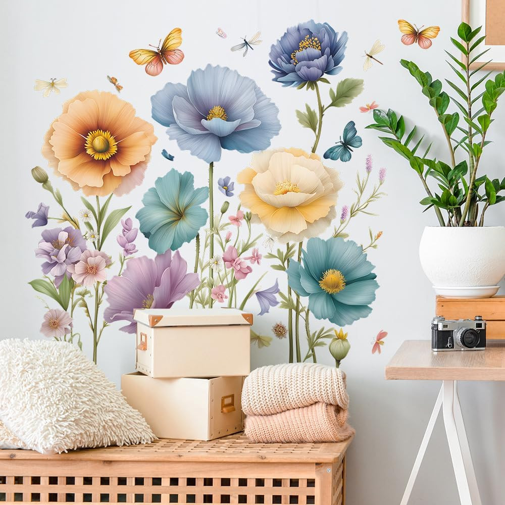 Flower Wall Stickers, Blue Peony & Purple Roses Mural for Room Decor